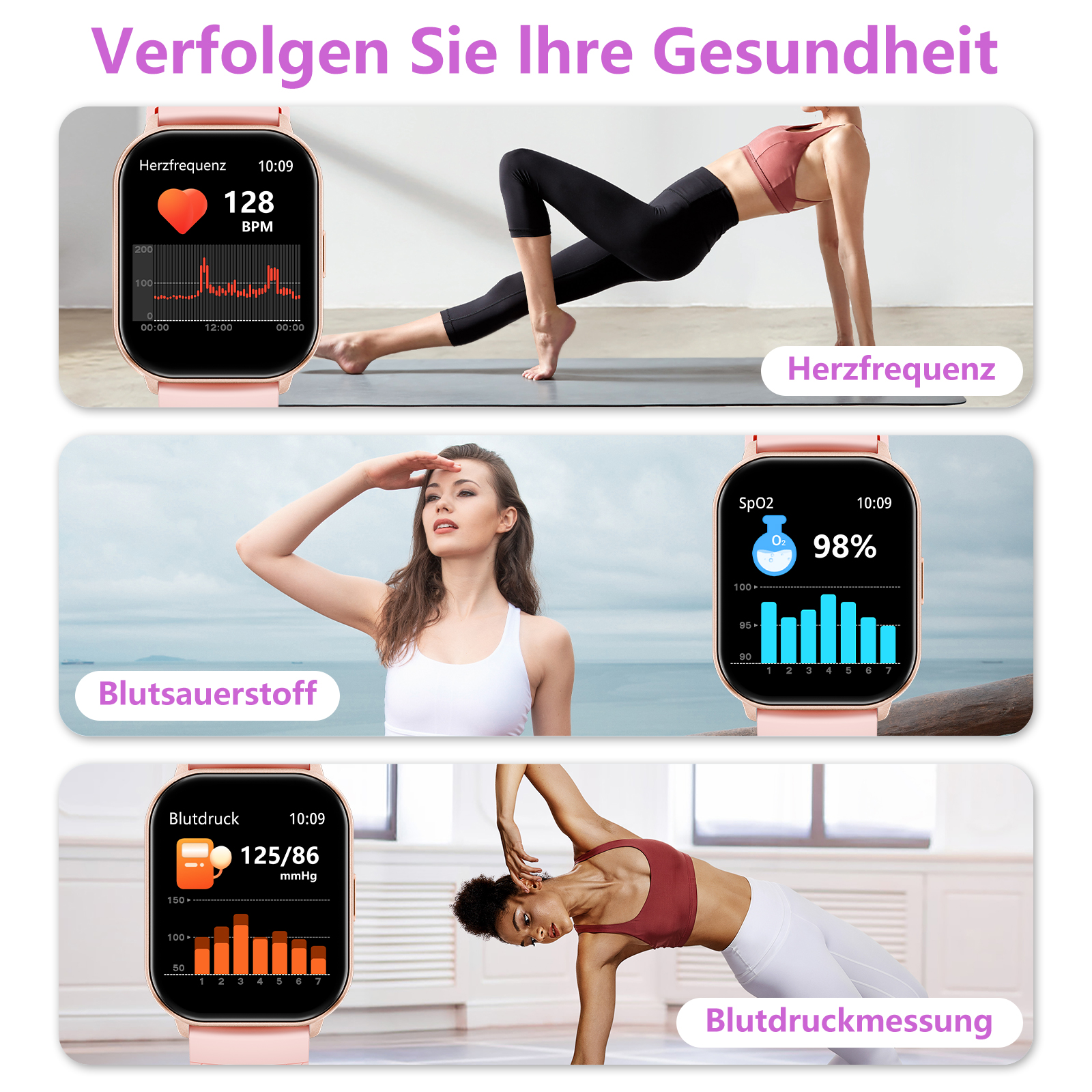 Das Bild zeigt eine Smartwatch, die Gesundheitsmetriken anzeigt. Frauen trainieren und Daten zu Herzfrequenz, SpO2 und Blutdruck werden angezeigt.