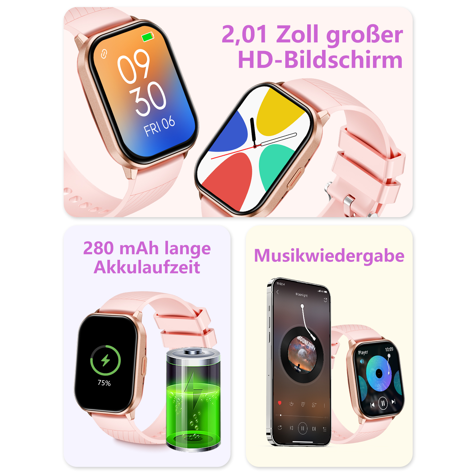 Die Smartwatch mit rosa Armband zeigt Uhrzeit, Akku und Musikwiedergabe. Text in Deutsch beschreibt Funktionen.