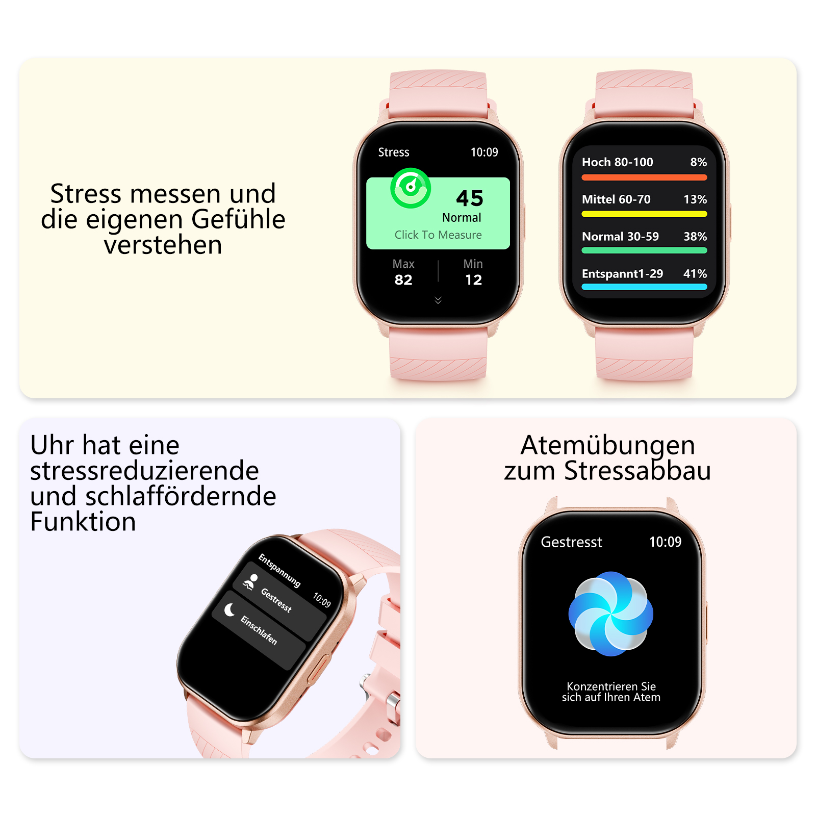 Eine Smartwatch zeigt Stresslevel an und bietet stressreduzierende Funktionen. Sie zeigt Stressmessungen und Optionen.