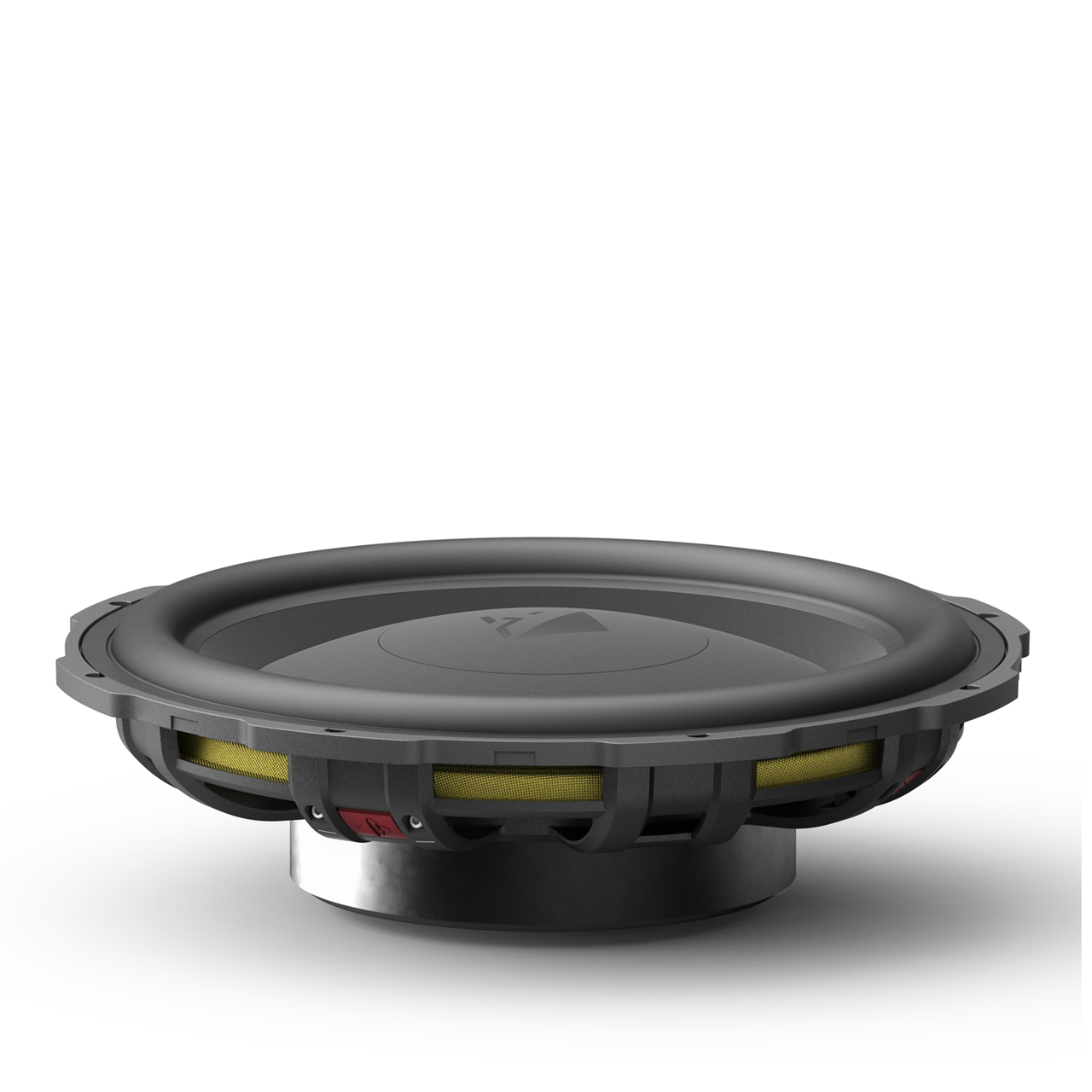 Ein schwarzer Subwoofer mit gelbem Mesh, der auf einem silbernen Sockel ruht. Der Hintergrund ist weiß.