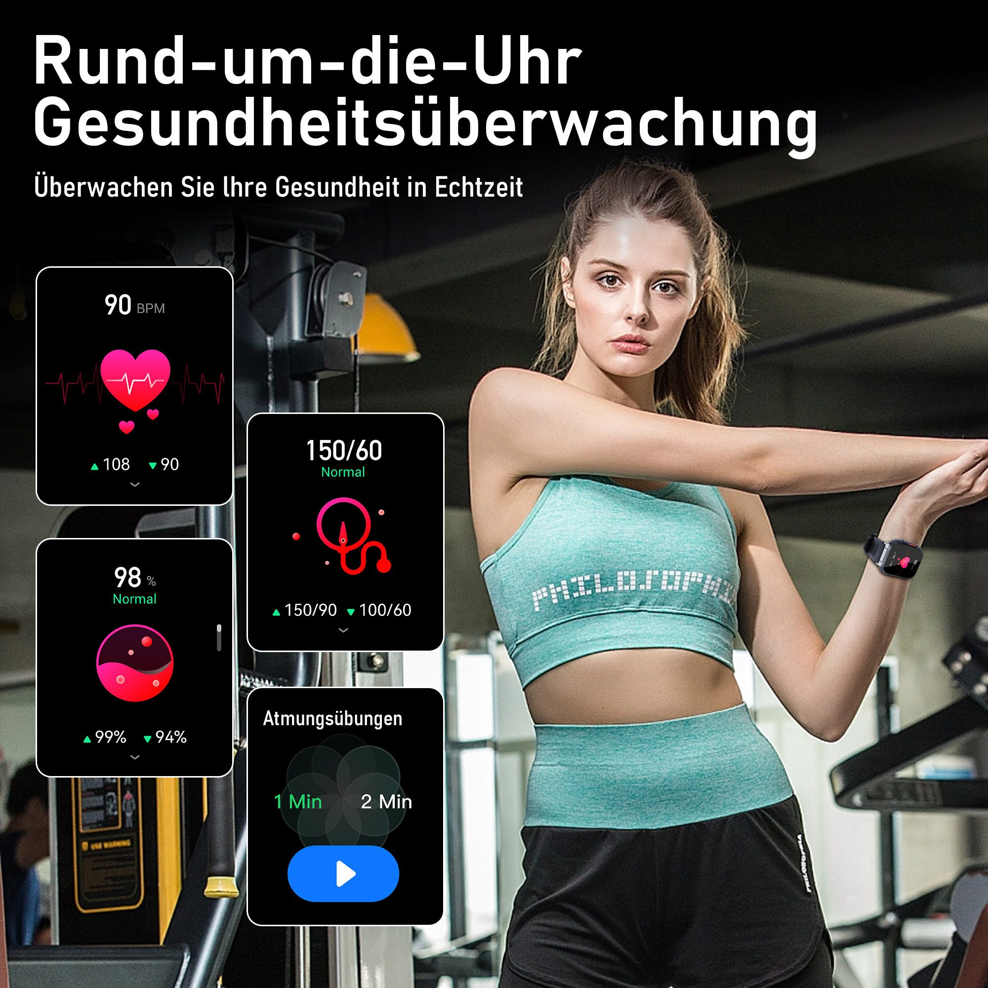 Kobieta w stroju sportowym ze smartwatchem pokazuje dane zdrowotne. Niemiecki tekst, monitorowanie zdrowia i wizualizacje tętna.