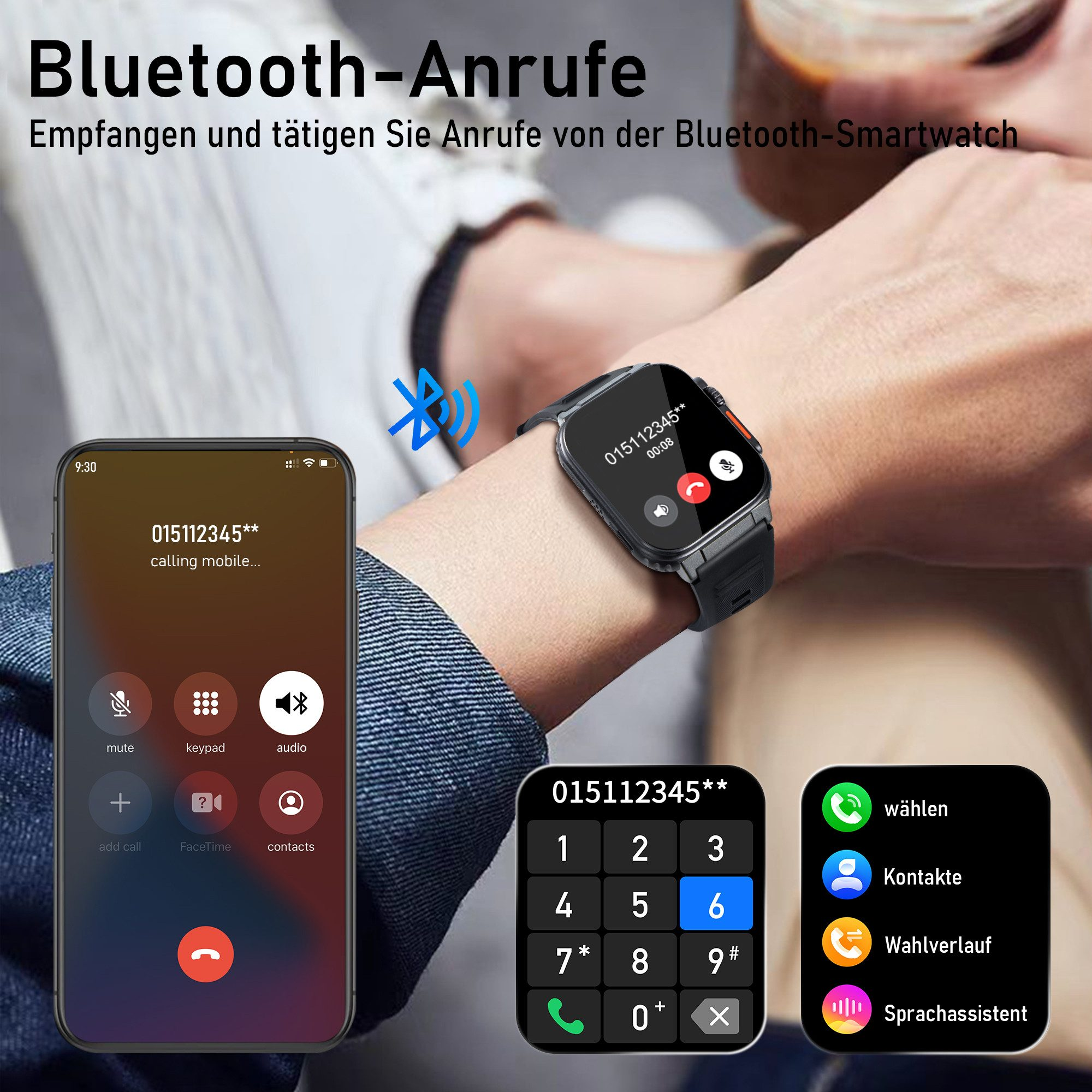 Osoba nosząca smartwatch dzwoni. Telefon wyświetla to samo połączenie. Zegarek pokazuje numer.