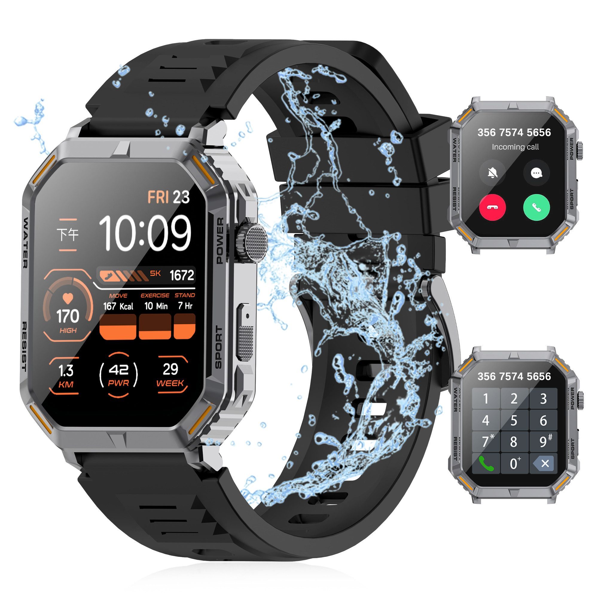 Czarny smartwatch z cyfrowym wyświetlaczem pokazującym czas, datę i wskaźniki zdrowia. Dwa mniejsze ekrany pokazują połączenia przychodzące i klawiaturę.