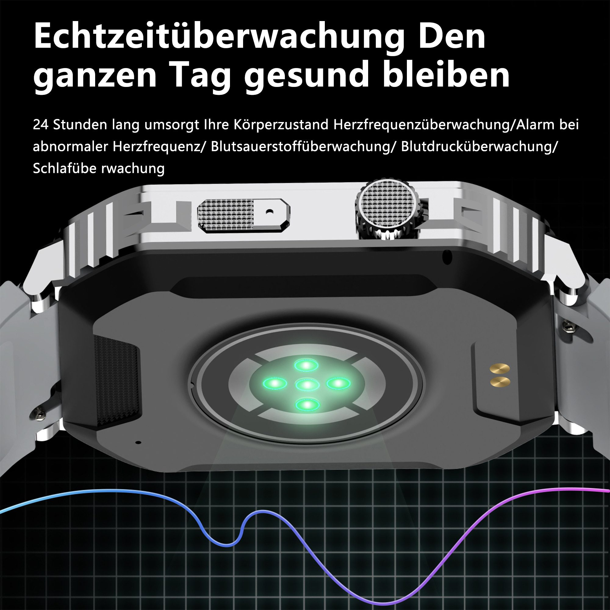 Uno smartwatch mostra i dati sanitari. Testo in alto: Echtzeitüberwachung. L'orologio ha uno schermo con luci verdi e un grafico sullo sfondo.