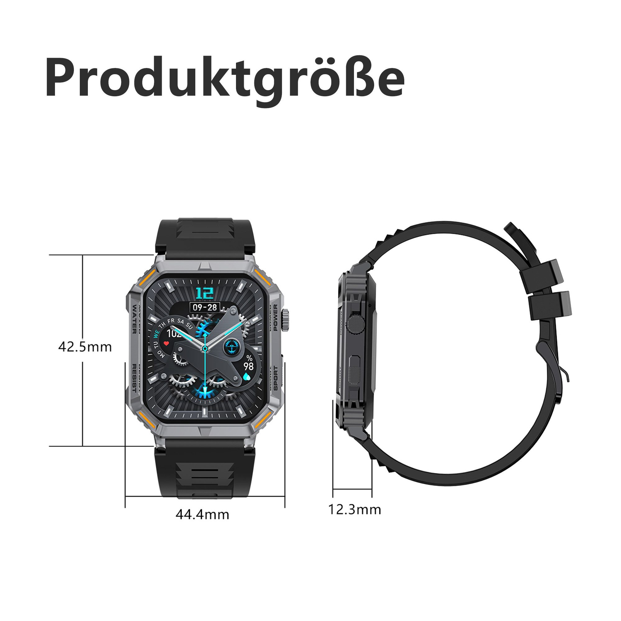 Obraz przedstawia smartwatch z wymiarami. Prezentuje zegarek z przodu i z boku, z wymiarami w milimetrach.