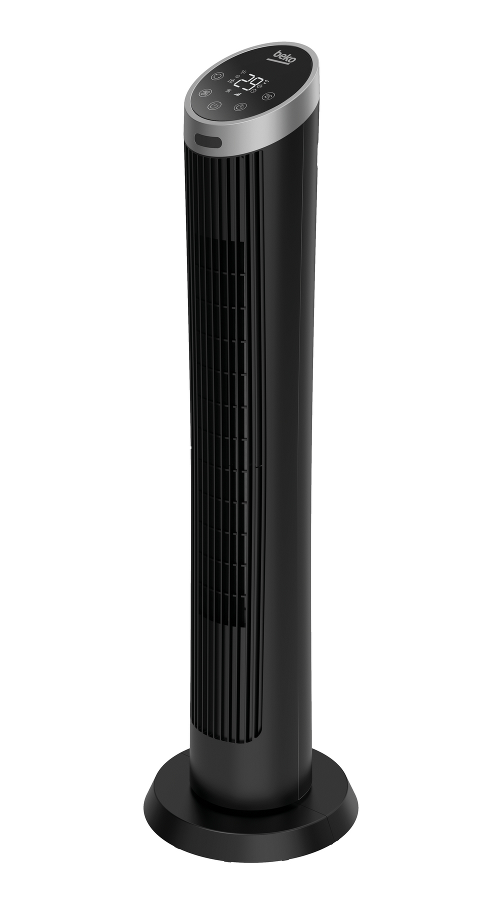 Un ventilatore a torre nero con display digitale che mostra 29 gradi. Ha una base rotonda e si trova su sfondo bianco.