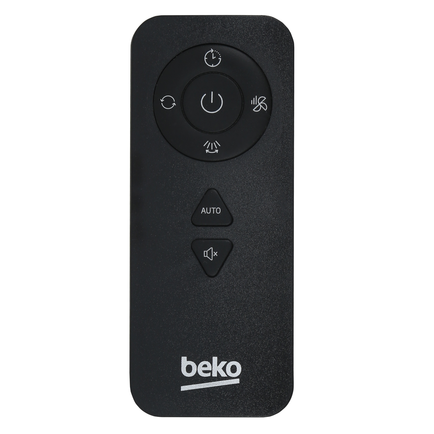 Telecomando Beko nero con pulsanti accensione, ventola, timer e auto. Logo Beko in basso.