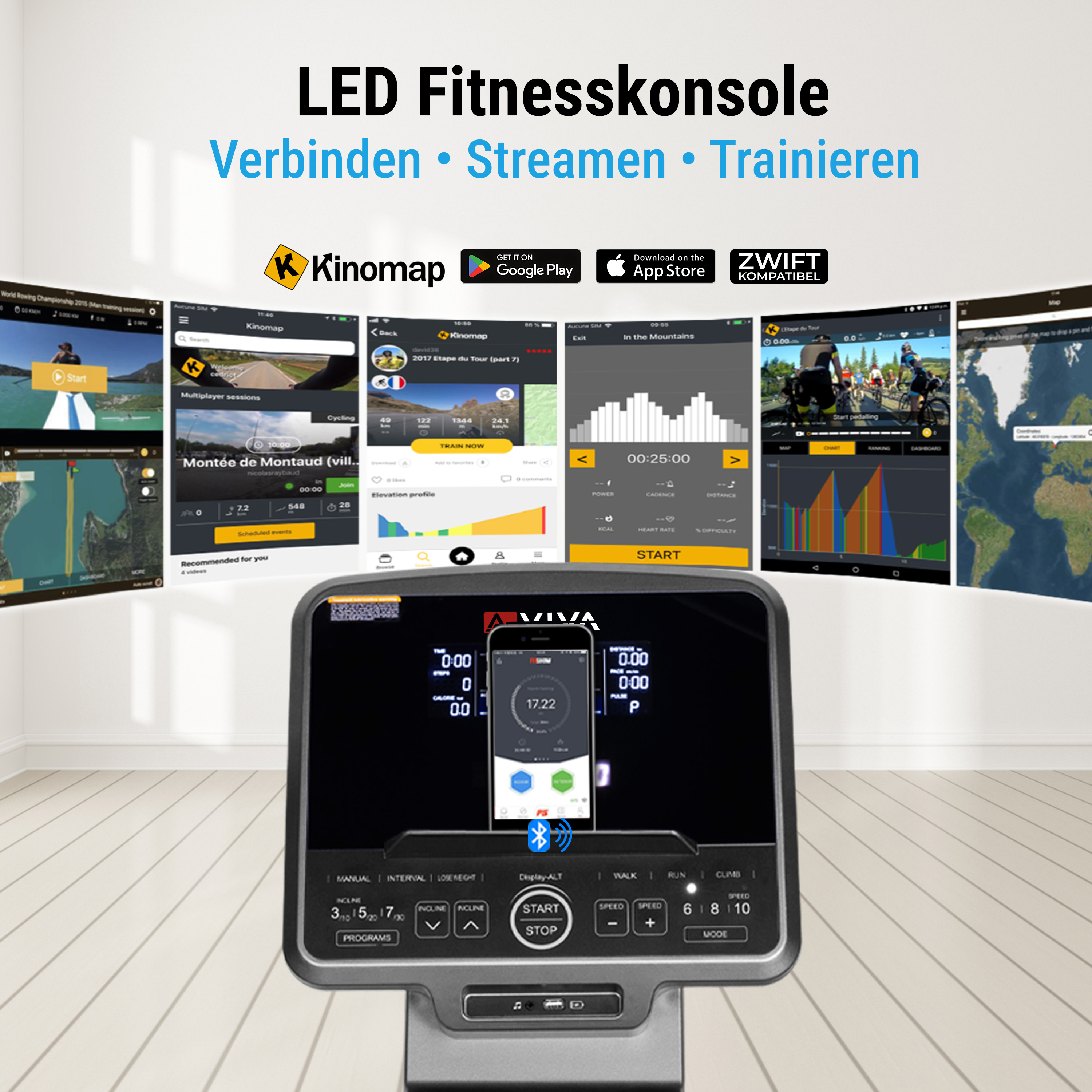 Fitnesskonsole mit mehreren Bildschirmen, die Trainingsdaten und App-Oberflächen anzeigen, Telefon in der Mitte.