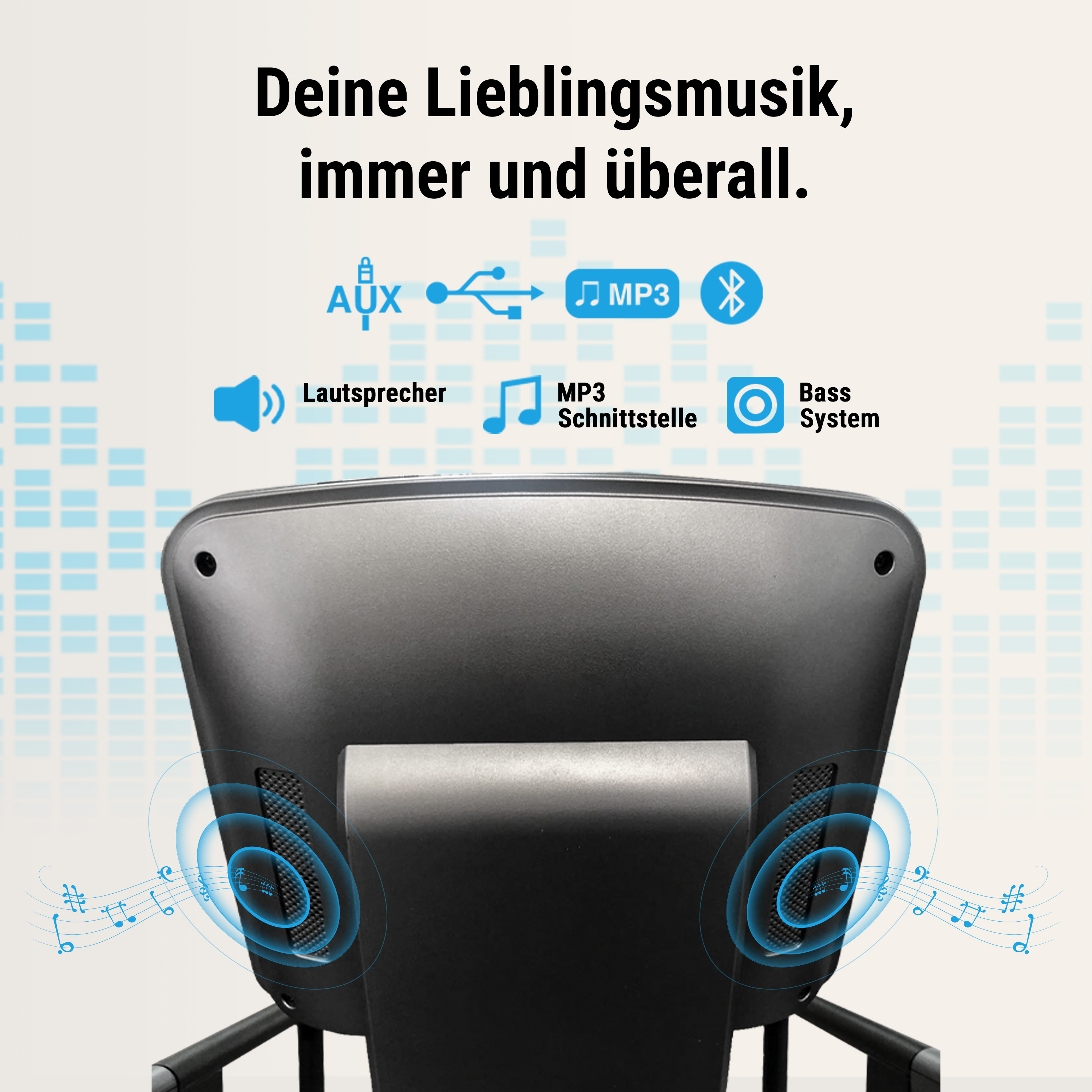 Ein schwarzer Lautsprecher mit blauen Schallwellen und Noten. Text: Deine Lieblingsmusik, immer und überall.