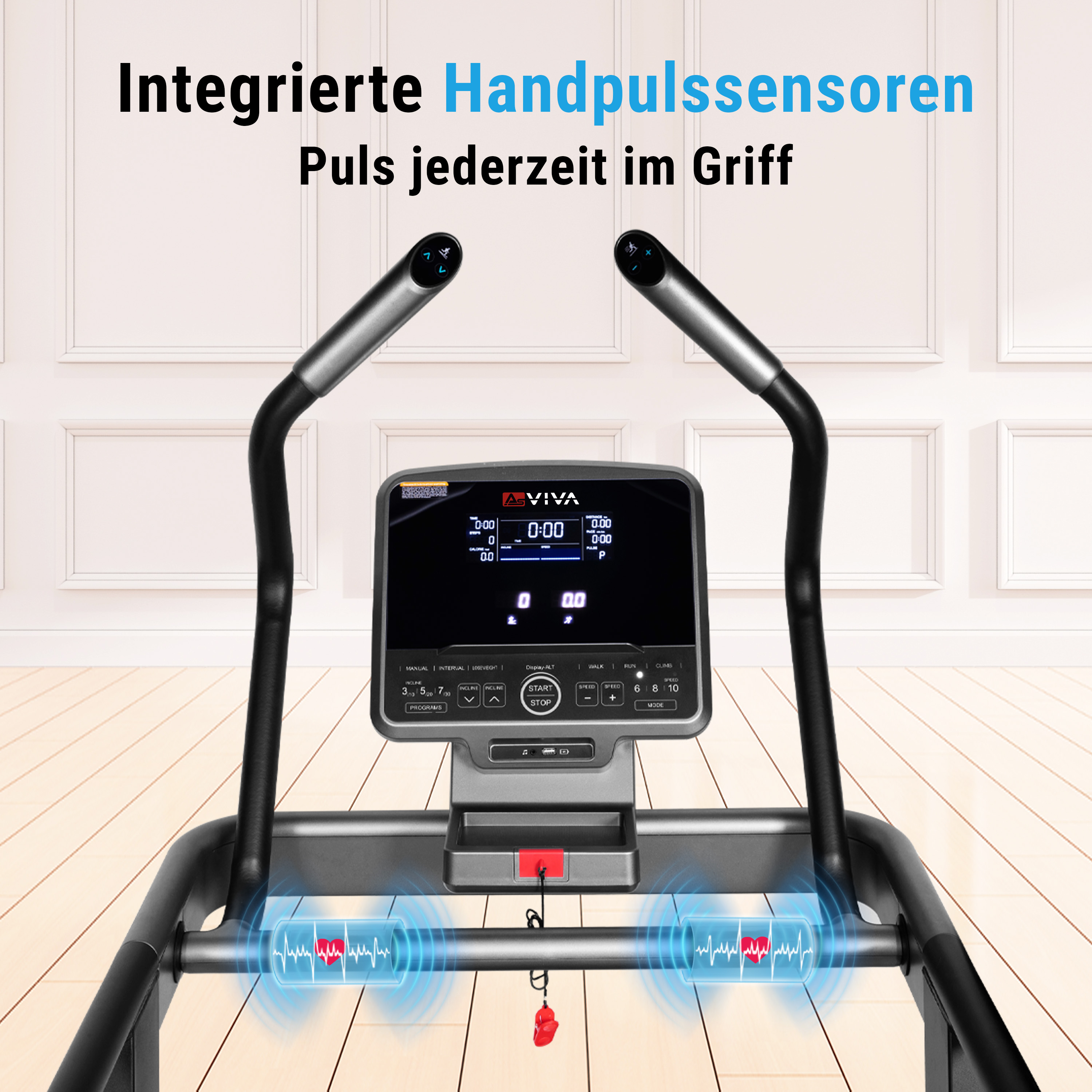Laufband mit Herzfrequenzsensoren. Schwarzer Rahmen, Digitalanzeige und rotes Herzsymbol.
