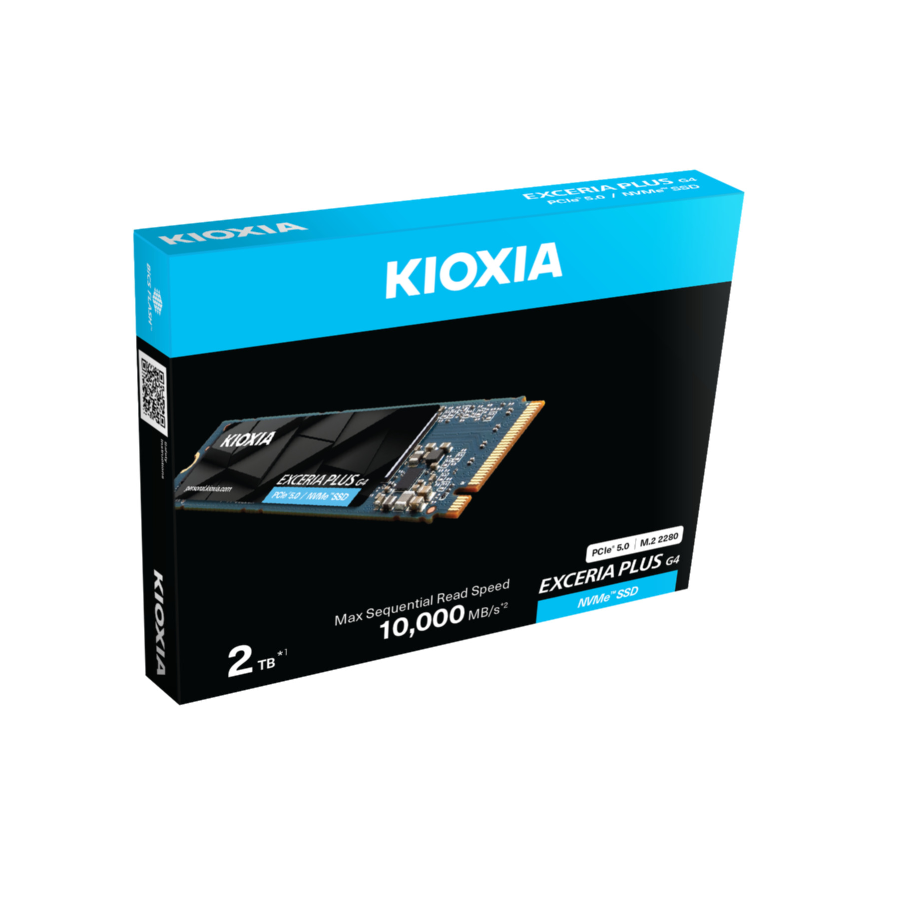 Pudełko KIOXIA Exceria Plus G4 SSD. Pudełko jest czarne i niebieskie, ze szczegółami produktu, w tym prędkością i pojemnością.
