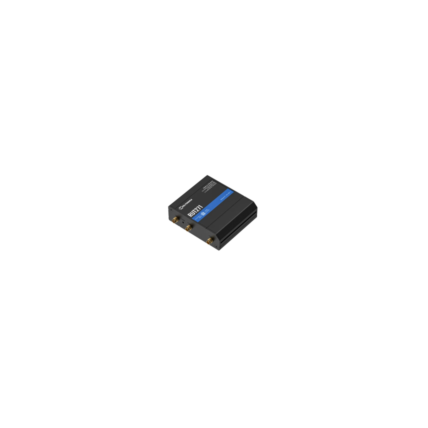 Een zwarte Teltonika RUT271-router met blauw label en gouden connectoren, geïsoleerd op een witte achtergrond.