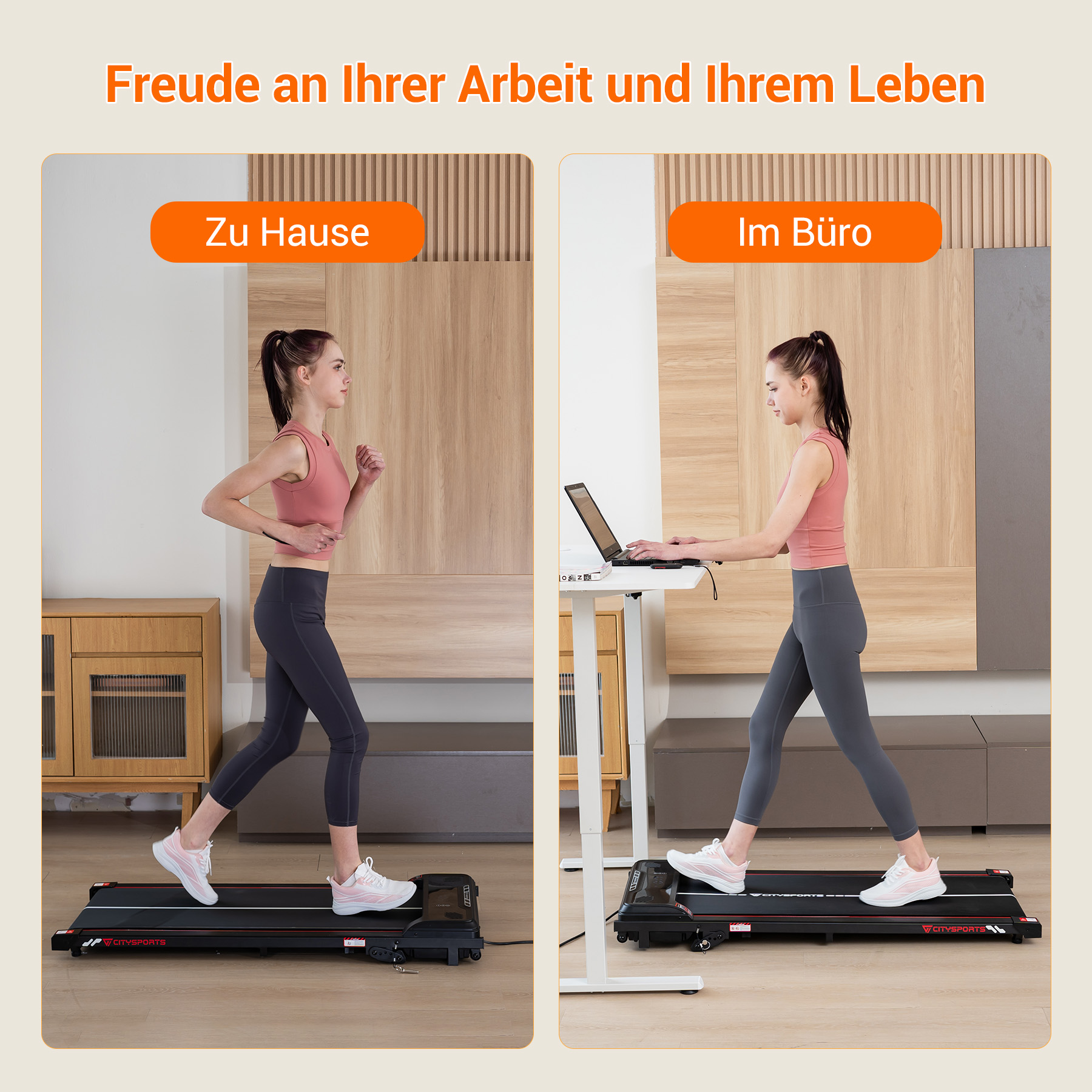 Zwei Frauen auf Laufbändern, eine zu Hause, eine im Büro. Beide tragen Sportkleidung. Der Text lautet: Freude an Arbeit und Leben.