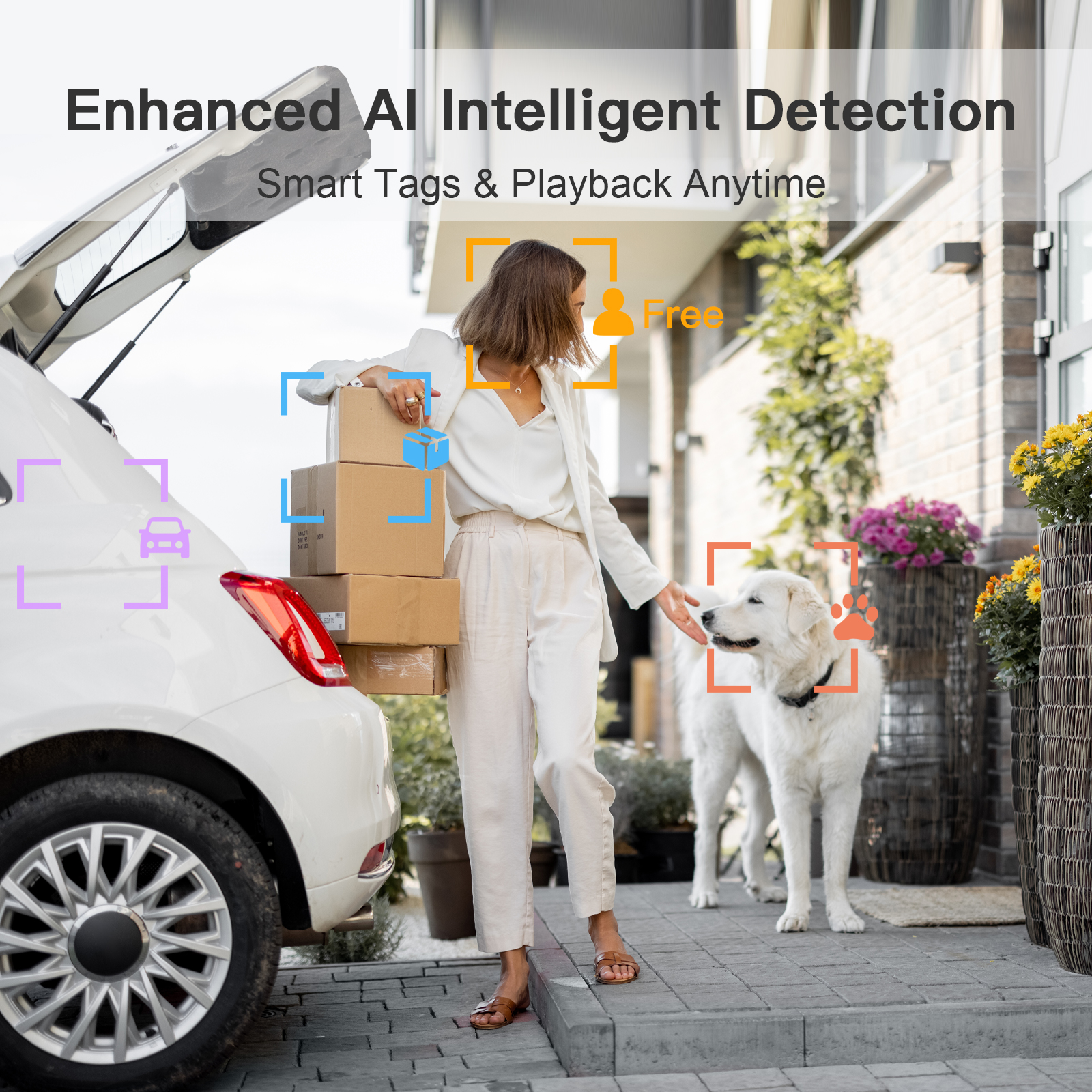Eine Frau mit Paketen steigt aus einem Auto aus. Ein weißer Hund steht in der Nähe. Der Text lautet 'Enhanced AI Intelligent Detection'.
