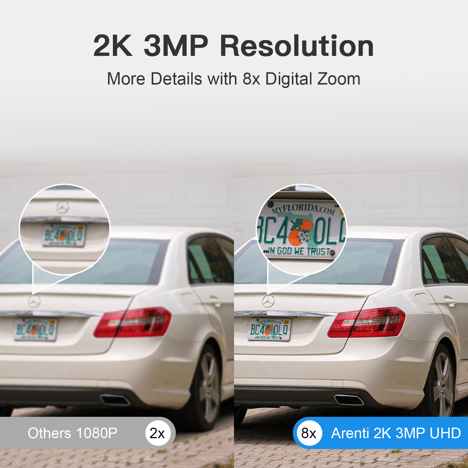 Bild zeigt Autodetails mit Zoomvergleich. Kennzeichen-Details mit 8-fachem Zoom.