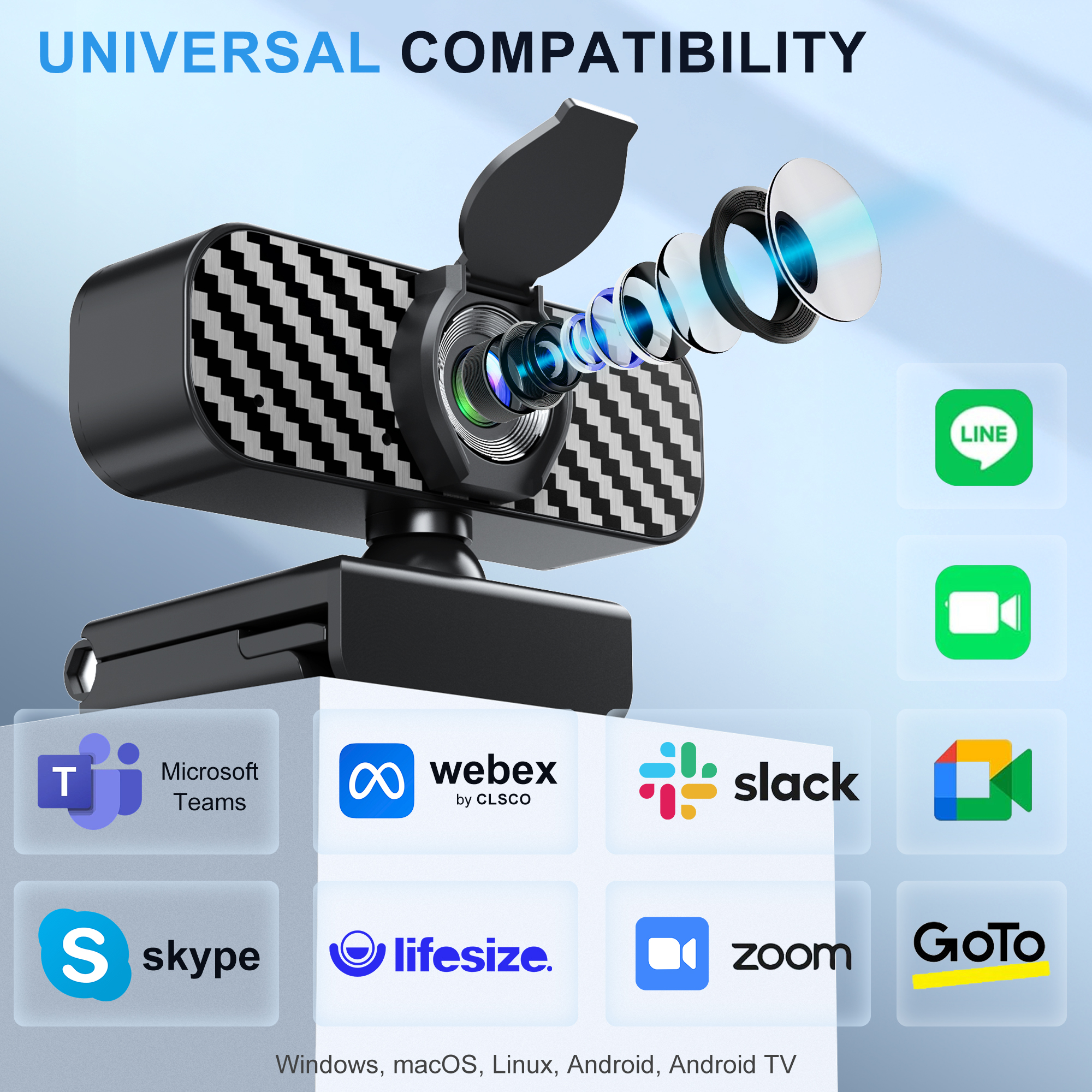 Webcam mit universeller Kompatibilität. Zeigt Apps wie Teams, Skype, Zoom. Kompatibel mit Windows, macOS, Linux, Android.