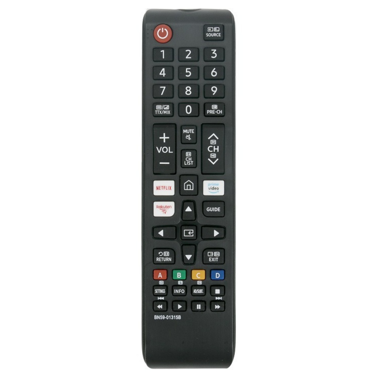 Eine schwarze Samsung TV-Fernbedienung mit mehreren Tasten, darunter Zahlen, Lautstärke, Kanal und Streaming-Dienste. Der Einschaltknopf ist rot.