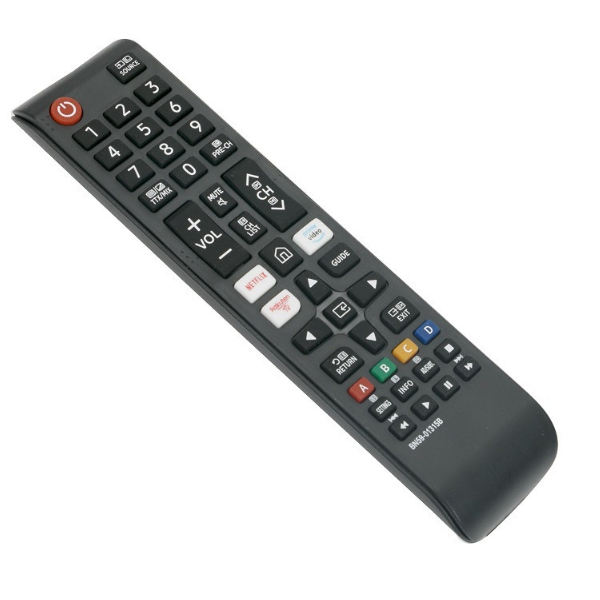 Eine schwarze Samsung-Fernbedienung mit vielen Tasten. Enthält Zifferntasten, Lautstärke, Kanal, Netflix und andere Funktionstasten.