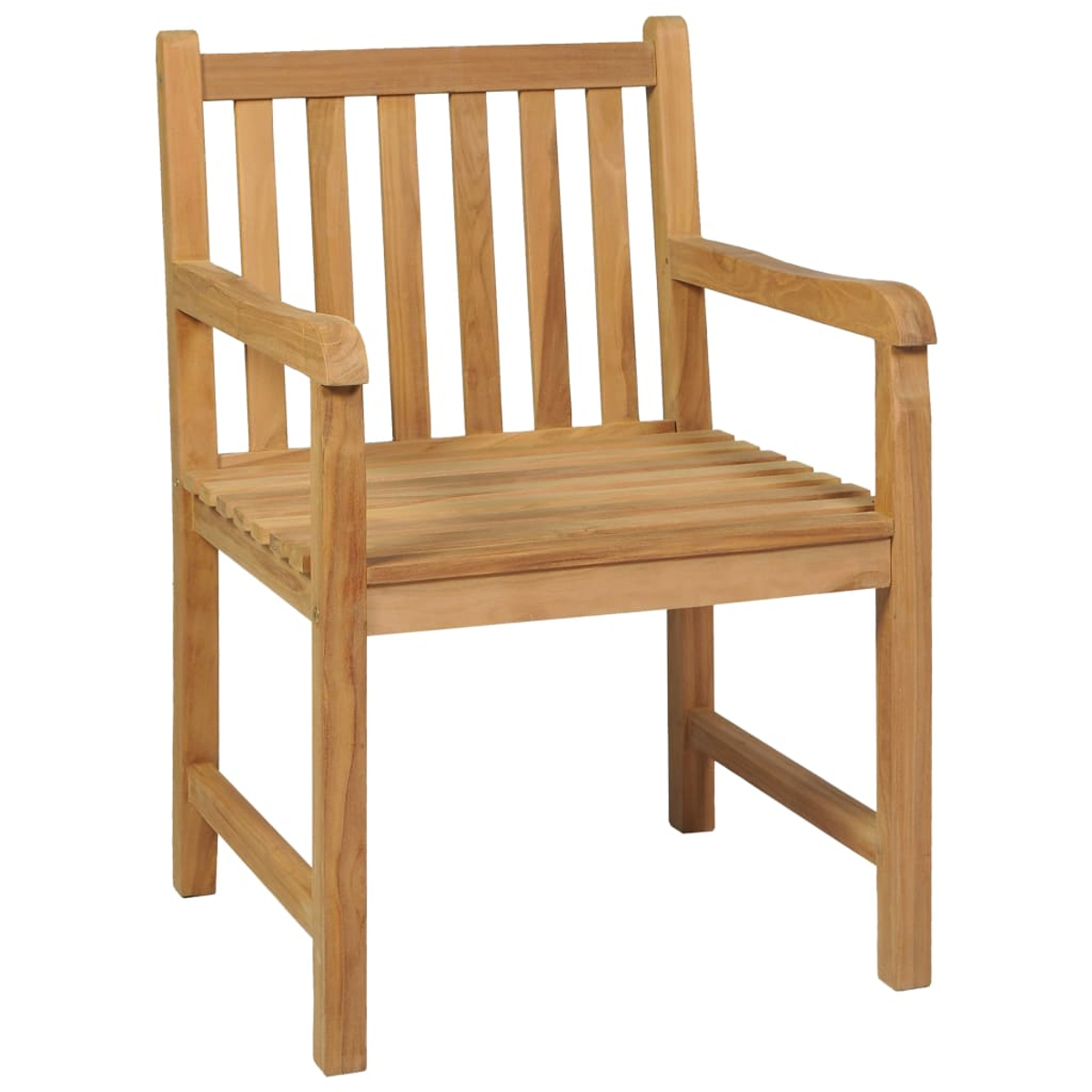 Ein Holzstuhl mit Armlehnen. Er hat eine Sitzfläche und Rückenlehne aus Latten. Der Stuhl ist aus hellem Holz gefertigt.