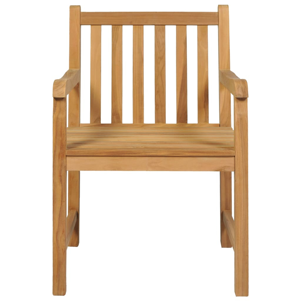 Holzstuhl mit Armlehnen. Er hat eine Lattenlehne, einen Sitz und vier Beine. Das Holz hat eine hellbraune Farbe.