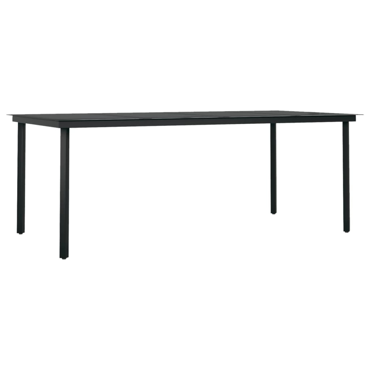Ein schwarzer rechteckiger Tisch mit vier Beinen steht vor einem weißen Hintergrund. Der Tisch ist schlicht und modern gestaltet.