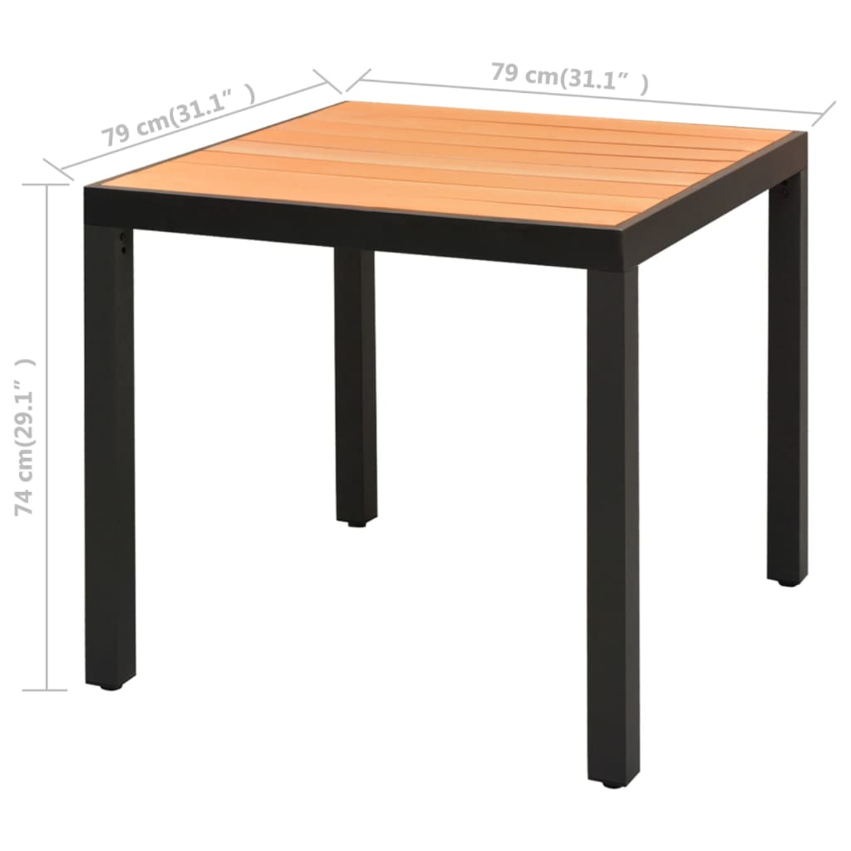 Ein quadratischer Tisch. Die Tischplatte ist aus Holz mit schwarzem Rahmen und Beinen. Maße: 79x79x74 cm.