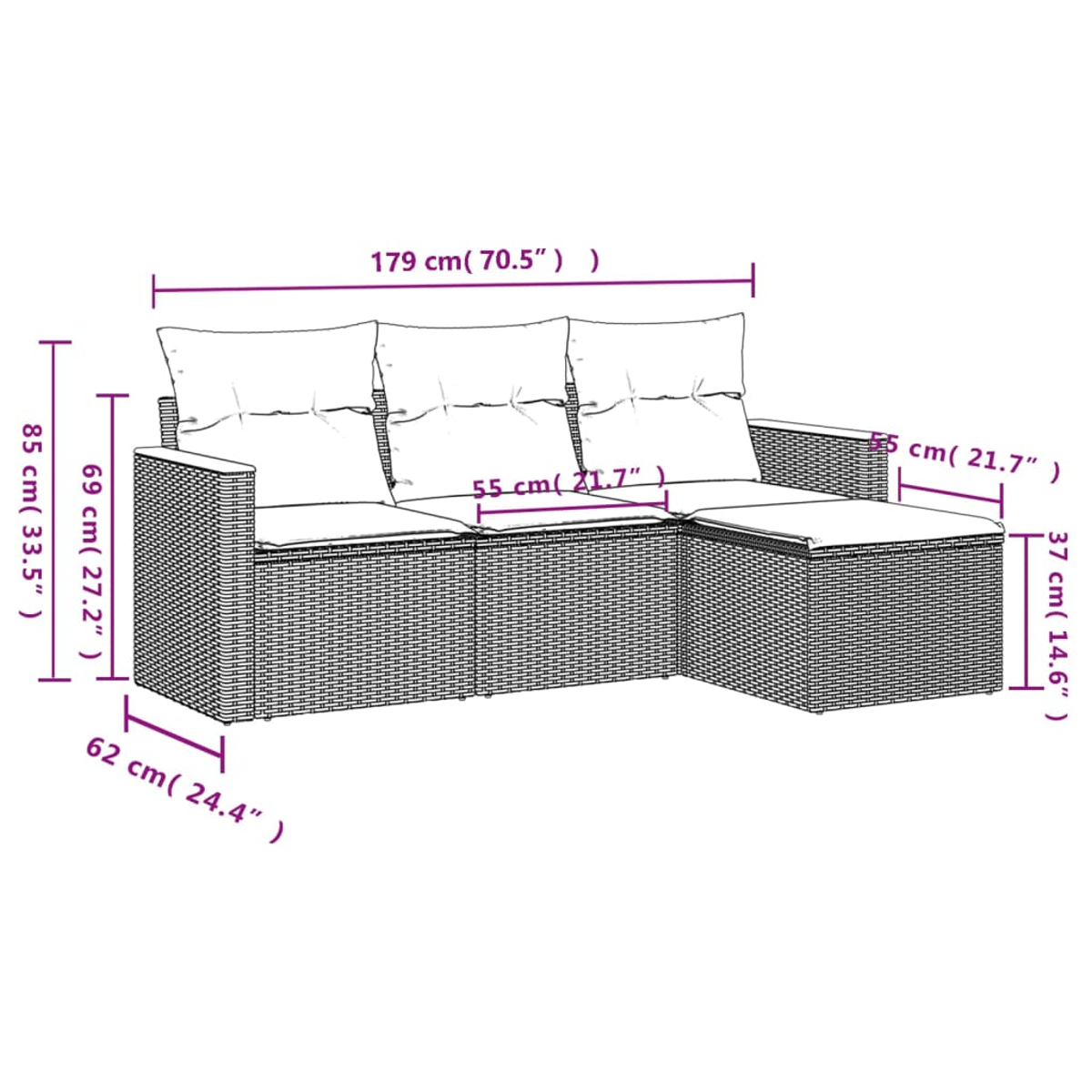 Ein Rattansofa mit Maßangaben. Es hat Kissen und eine angebrachte Ottomane. Maße in cm und Zoll sind angegeben.