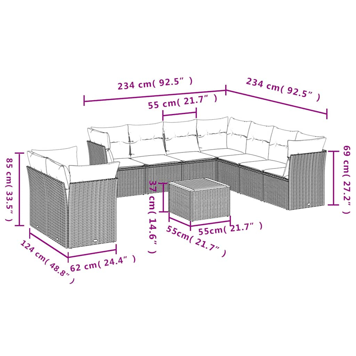 Un set di mobili da esterno in rattan con dimensioni indicate. Include un divano componibile, una poltrona e un tavolino quadrato.