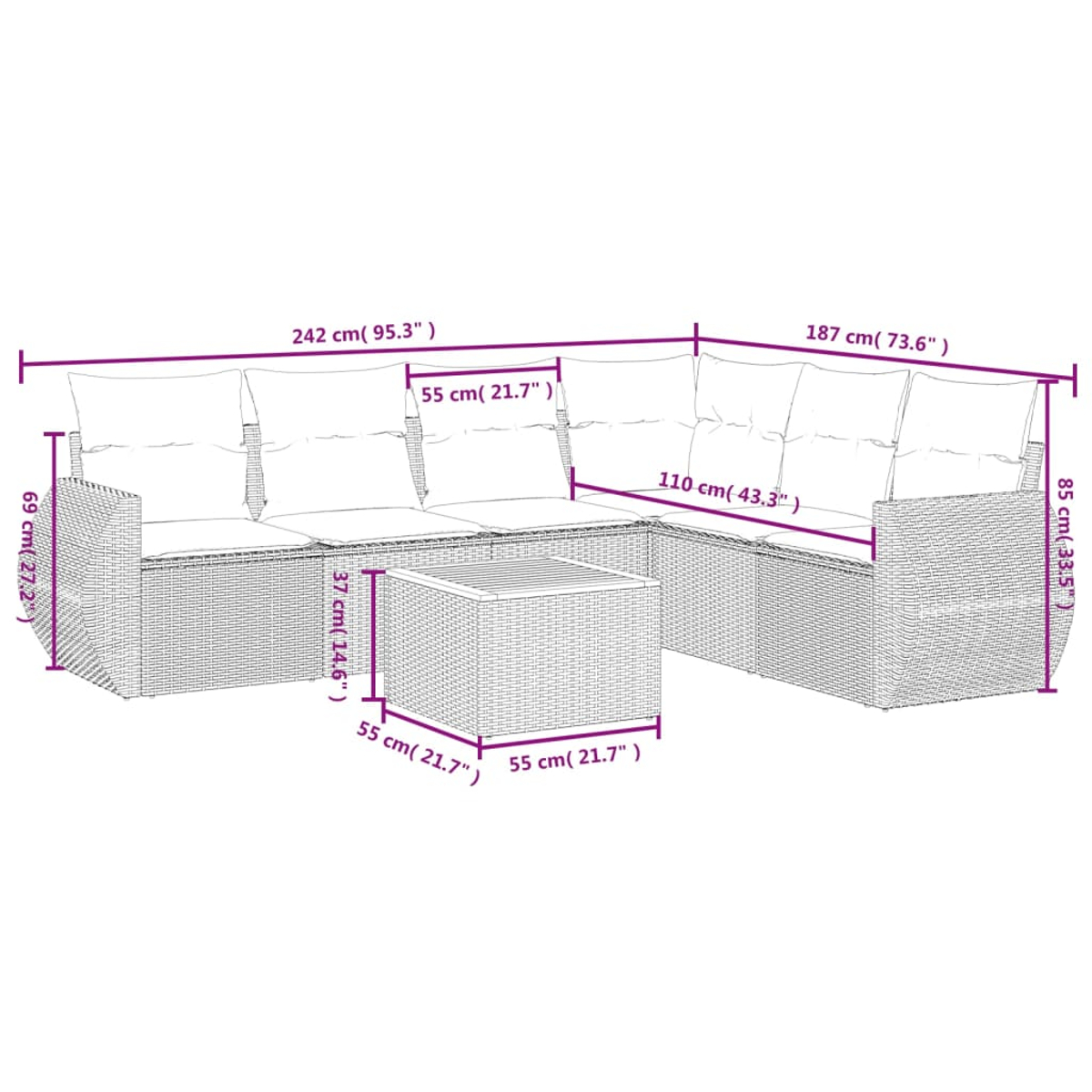 Ein geflochtenes Outdoor-Sofaset mit einem Tisch. Maße in cm sind angegeben. Das Sofa ist grau und hat weiße Kissen.