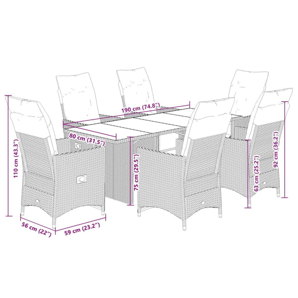 Set da pranzo da esterno in vimini con tavolo rettangolare e sei sedie. Le dimensioni sono indicate in centimetri e pollici.