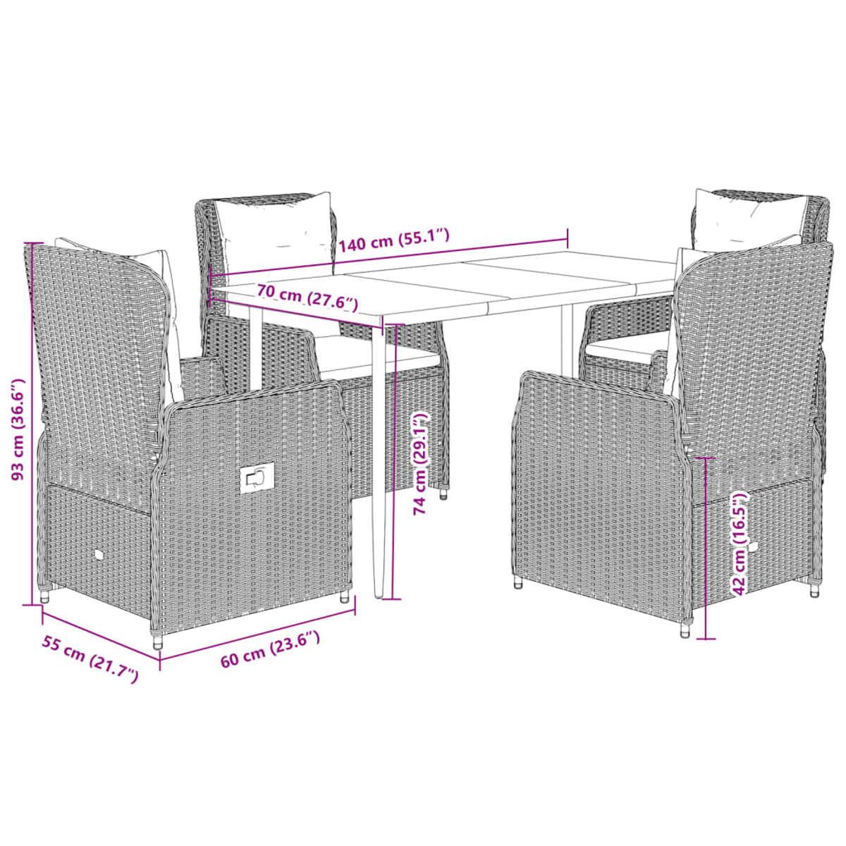 Ein Rattan-Ess-Set für den Außenbereich mit rechteckigem Tisch und vier Stühlen, Abmessungen angegeben.