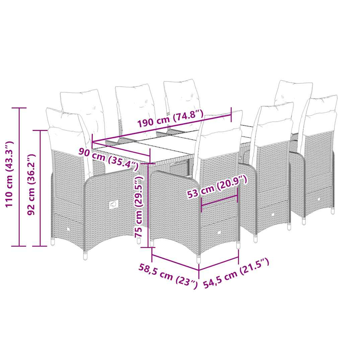 Un set da pranzo per esterni con un tavolo rettangolare e otto sedie, con dimensioni indicate in centimetri e pollici.
