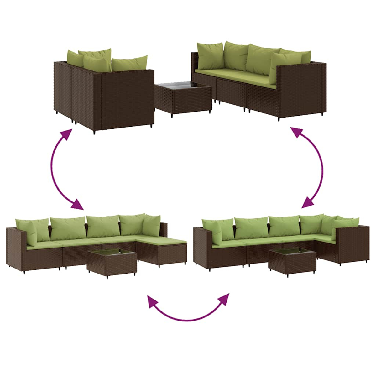 Diagramma di set di divani da esterno in vimini marrone con cuscini verdi e tavolini con piano in vetro, disposti in diverse configurazioni.