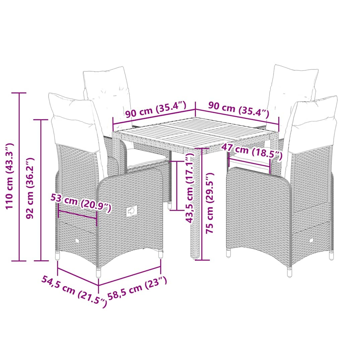 Un tavolo in rattan con quattro sedie è mostrato, con le dimensioni indicate. Ogni sedia ha un cuscino e il tavolo è quadrato.