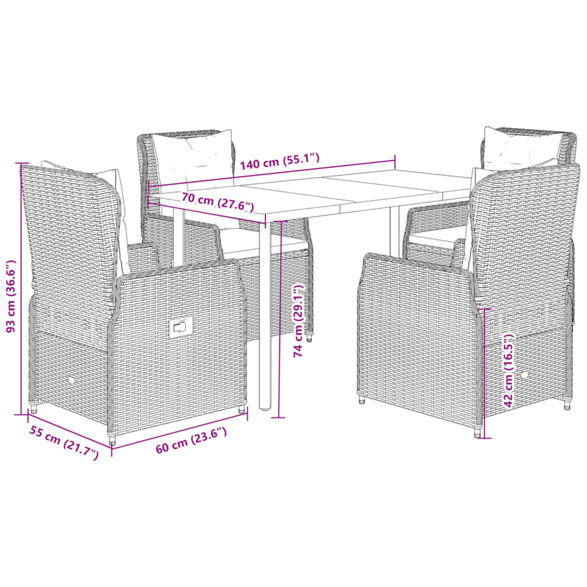 Un set da pranzo in vimini per esterni. Include un tavolo e quattro sedie, tutte con cuscini. Dimensioni fornite.