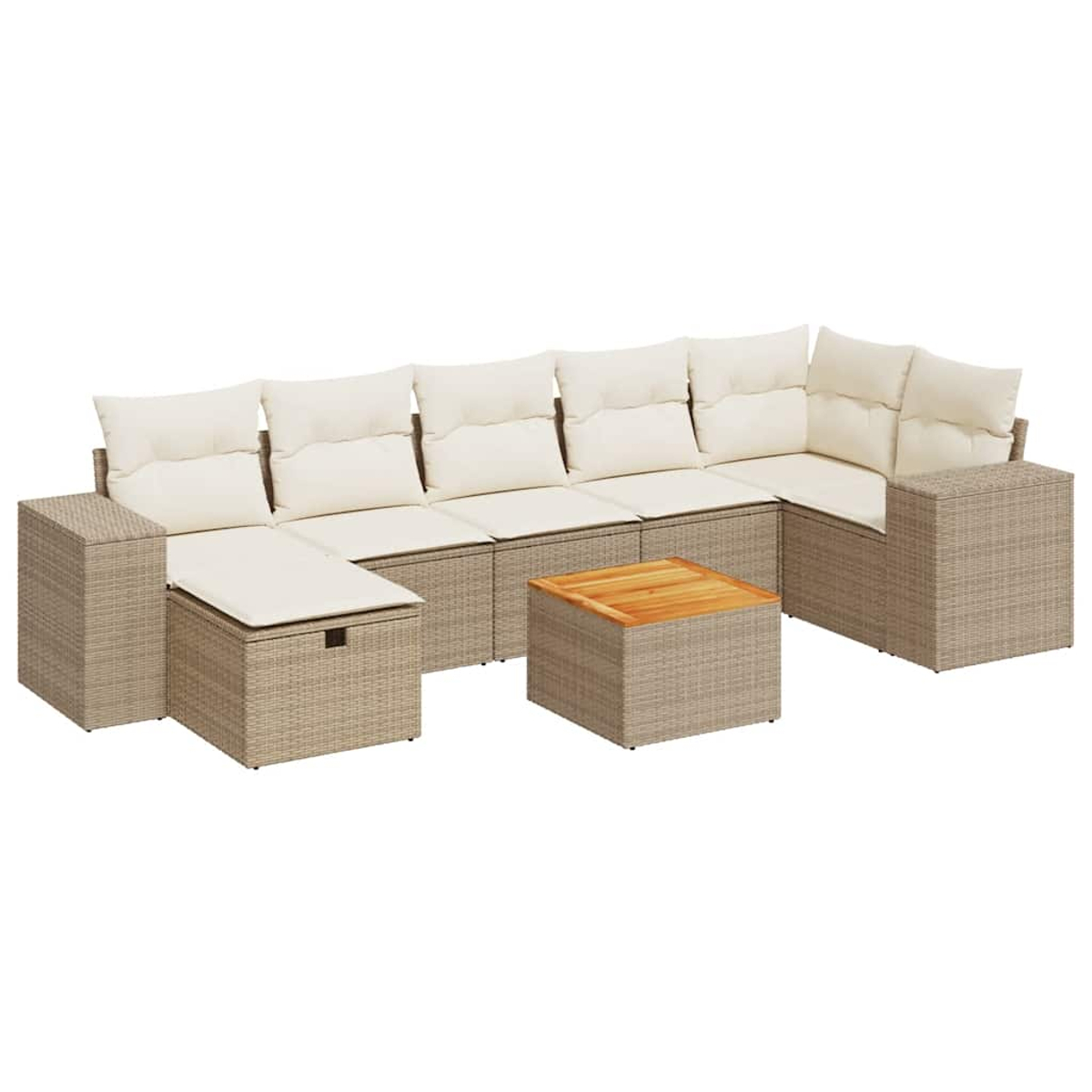 Un divano componibile beige da esterno con cuscini color crema e un tavolo in legno su sfondo bianco. Il divano ha un pouf contenitore.