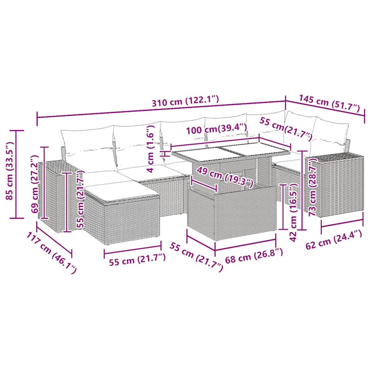 Set di mobili da esterno in rattan con dimensioni. Include divano, tavolo e sedie, con misure in centimetri e pollici.