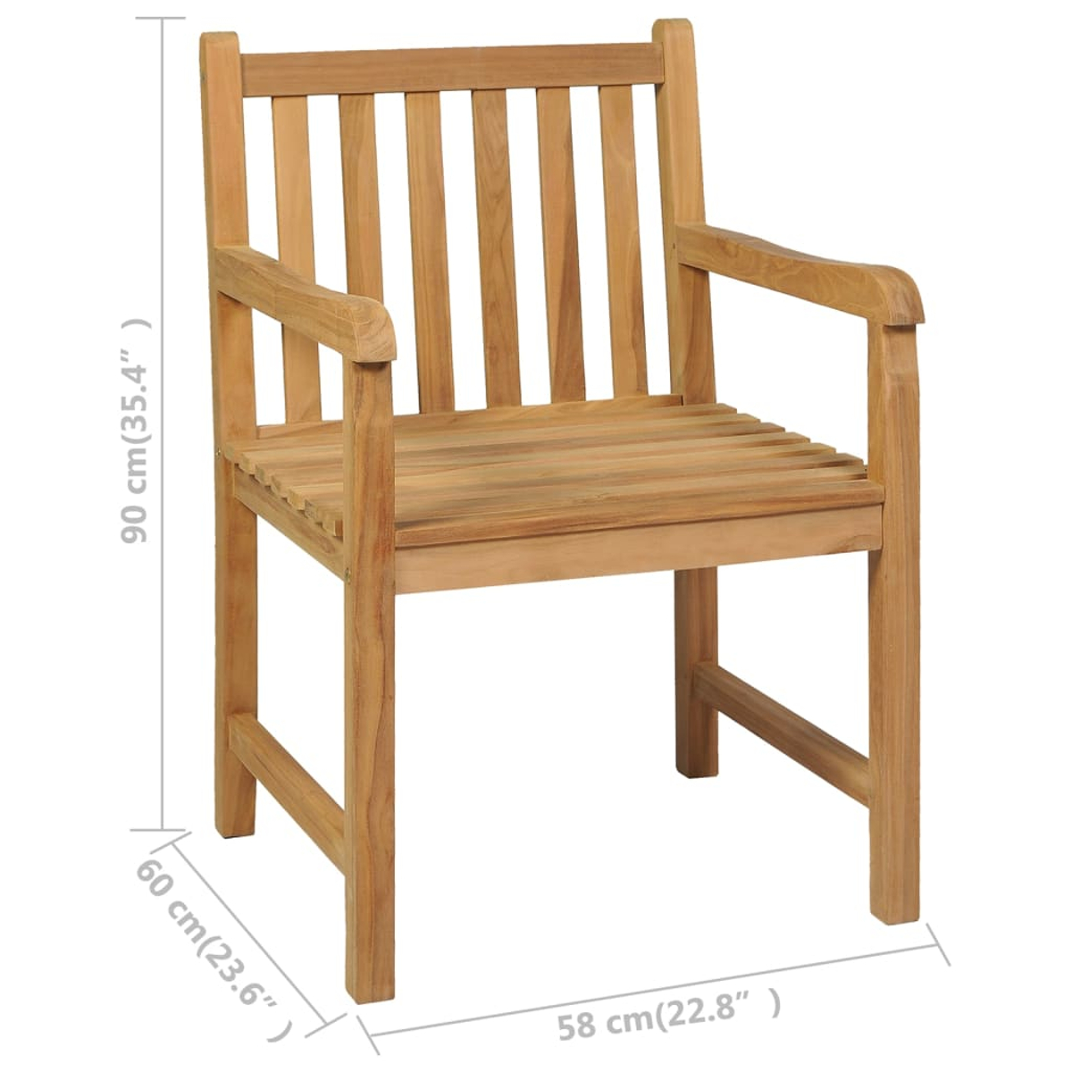 Una sedia in legno con braccioli. Le dimensioni sono indicate: 90 cm di altezza, 60 cm di larghezza e 58 cm di profondità. La sedia è marrone chiaro.