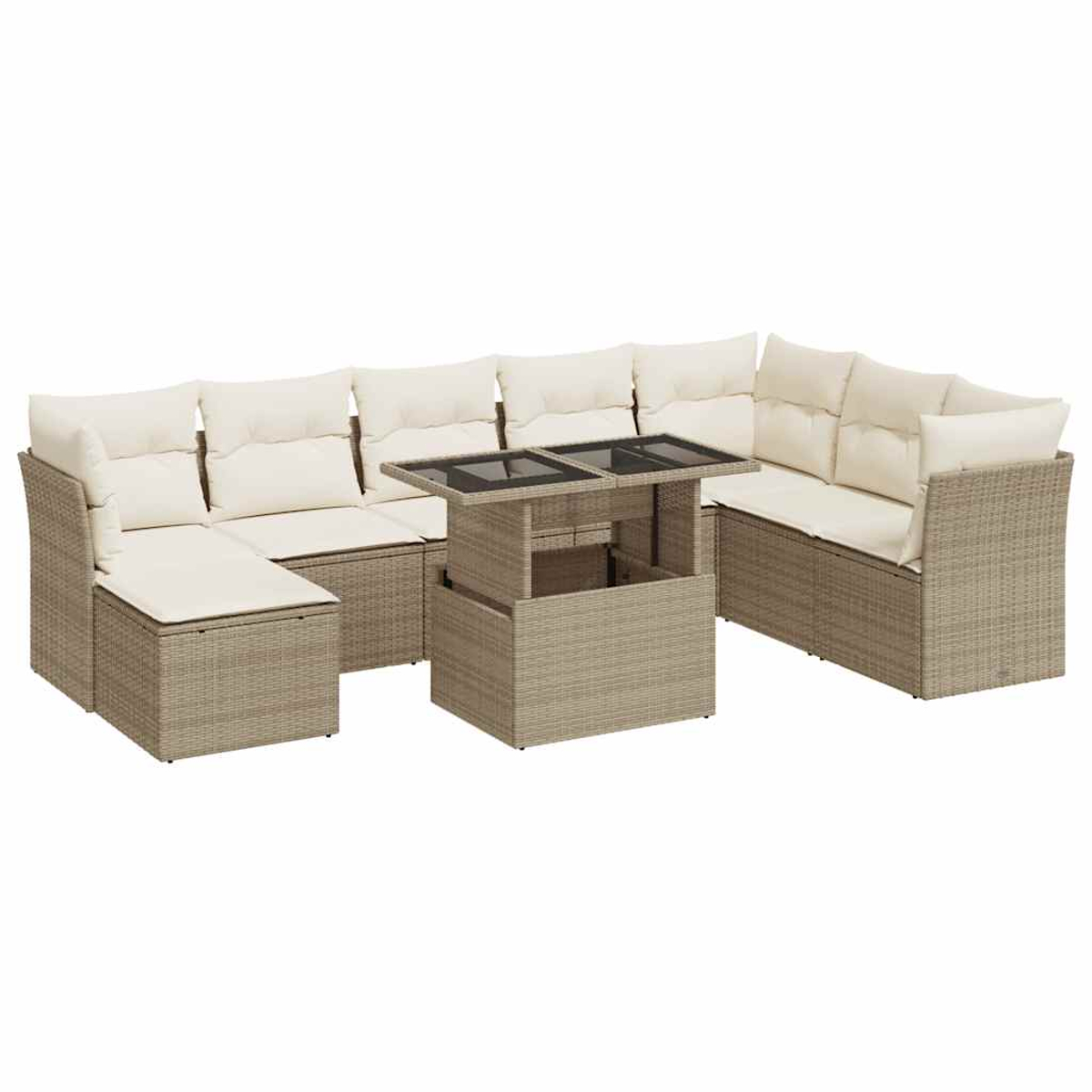 Un divano componibile da esterno in vimini beige con cuscini color crema, un tavolo rialzabile con piano in vetro e sfondo bianco.