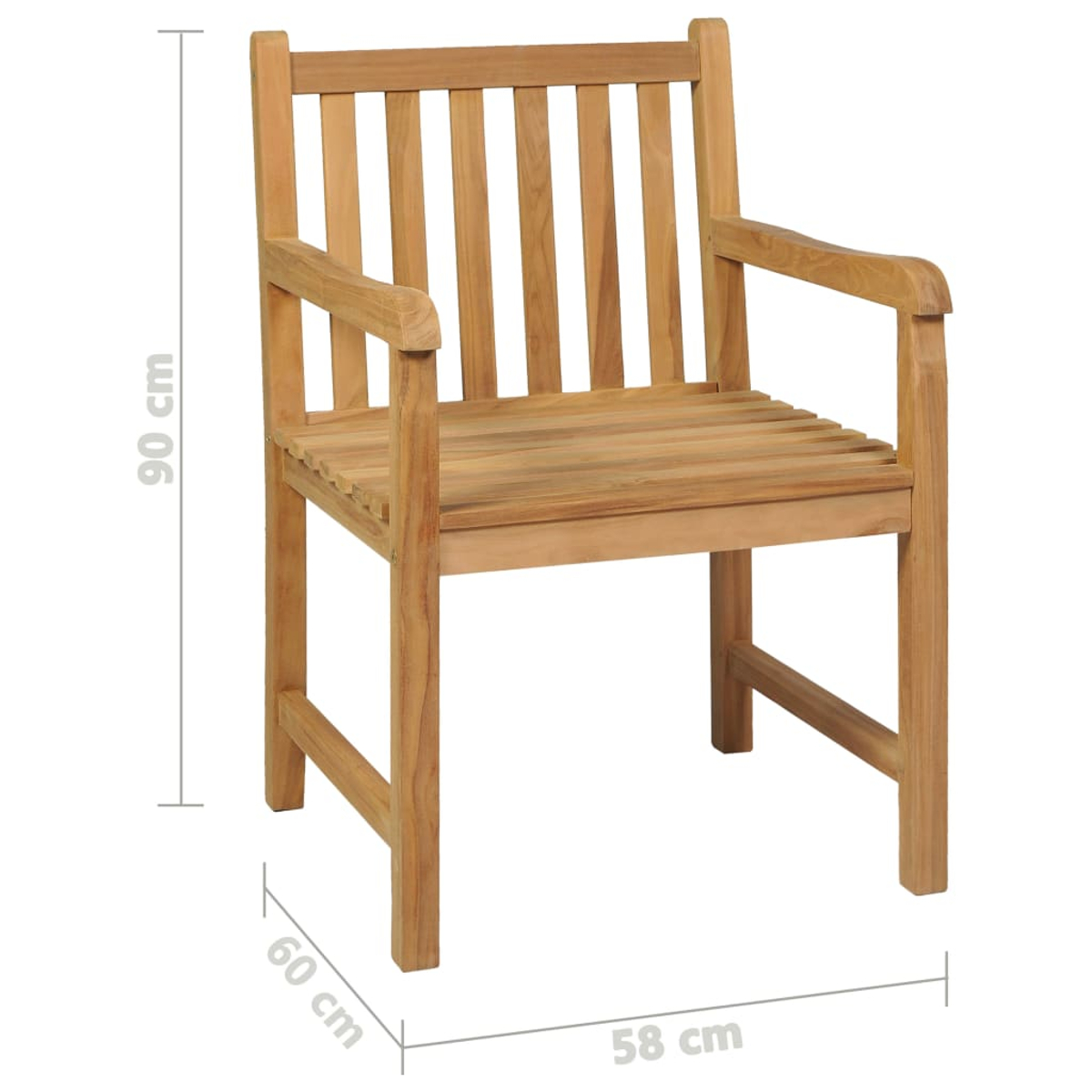 Ein Holzstuhl mit Armlehnen. Er hat eine Sitzfläche und Rückenlehne aus Lamellen. Die Abmessungen sind: 90 cm hoch, 60 cm tief und 58 cm breit.