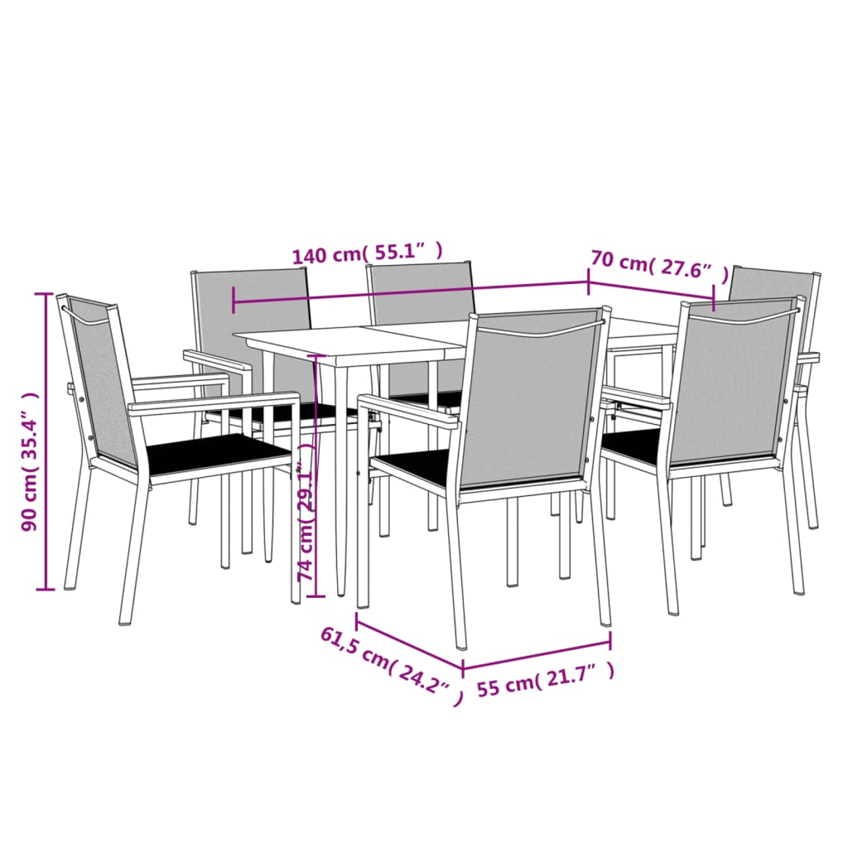 Ein Diagramm eines Esszimmersets im Freien. Es umfasst einen rechteckigen Tisch und sechs Stühle. Die Abmessungen sind in cm und Zoll angegeben.