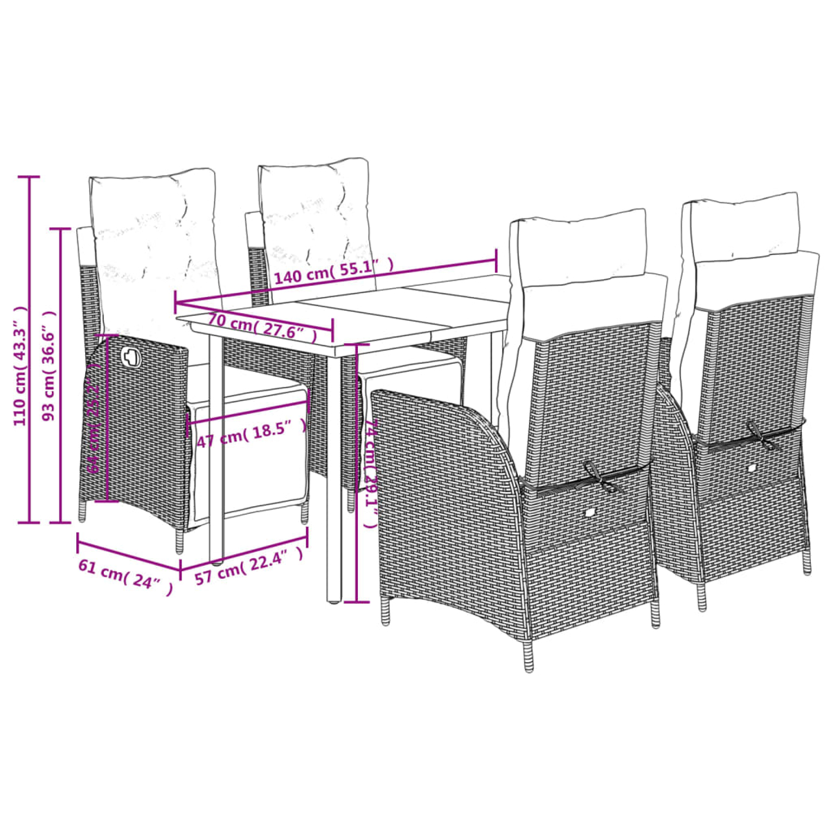 Ein Esszimmerset aus Rattan mit Tisch und vier Stühlen. Maße sind in Zentimetern angegeben.