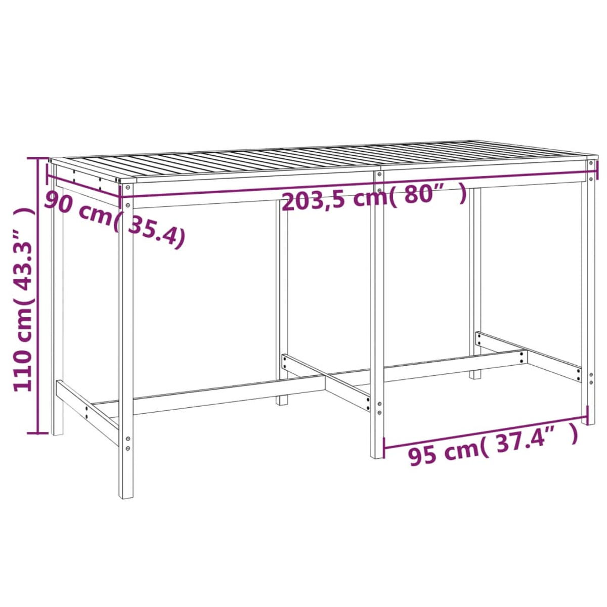 Ein Holztisch mit in Zentimetern und Zoll angegebenen Abmessungen. Er hat eine Lattenoberfläche und eine rechteckige Form mit Stützbeinen.