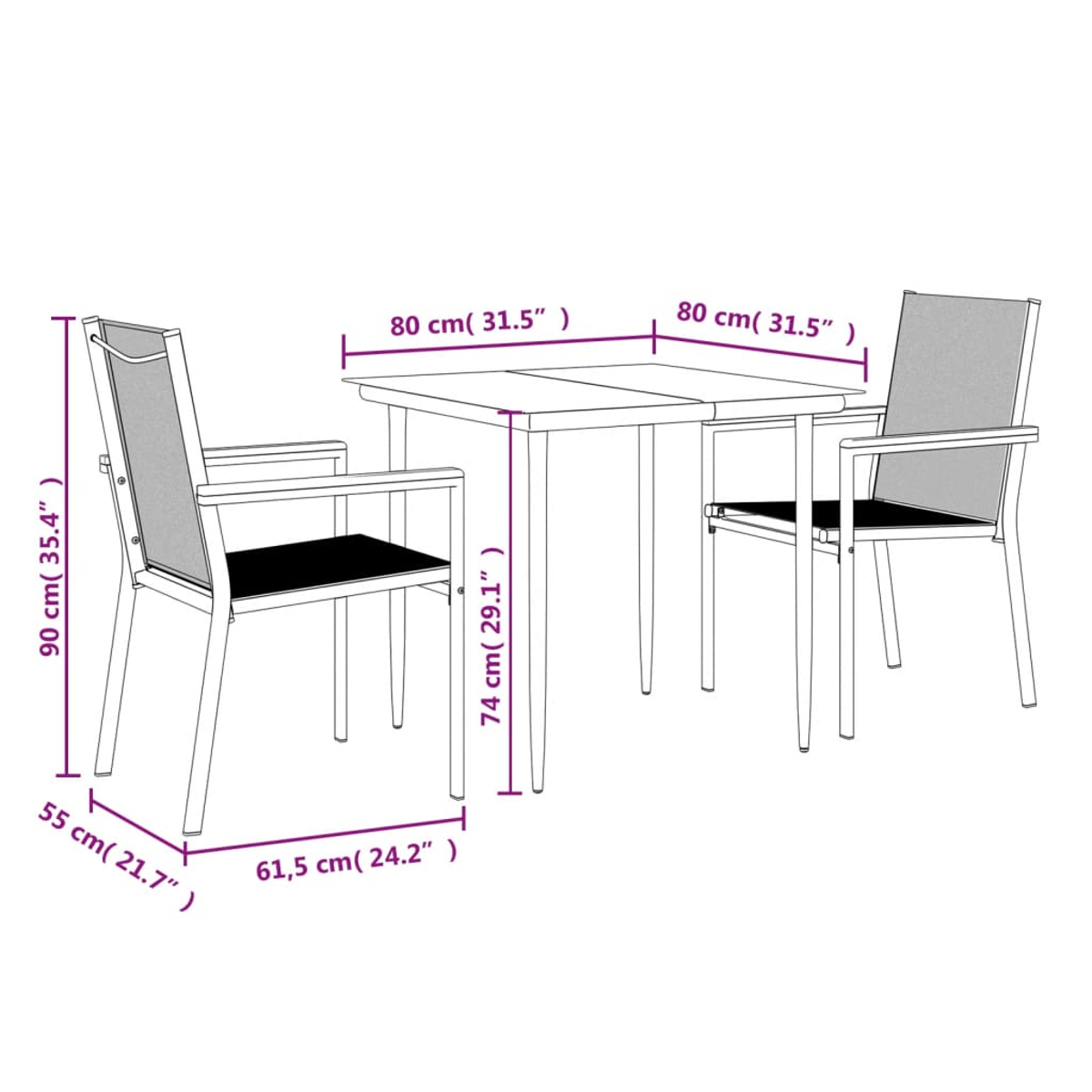 Ein Diagramm, das einen Tisch und zwei Stühle mit Abmessungen in Zentimetern und Zoll zeigt. Die Stühle haben graue Rücken und schwarze Sitze.
