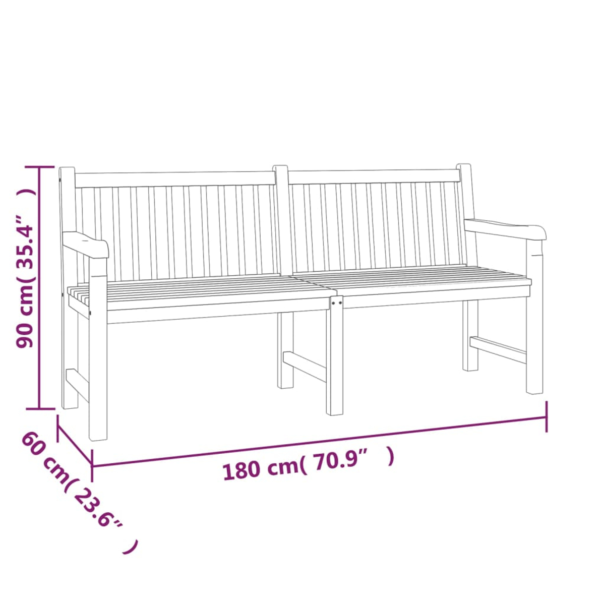 Detaillierte Strichzeichnung einer Holzbank mit Maßangaben: 180 cm lang, 90 cm hoch und 60 cm tief.