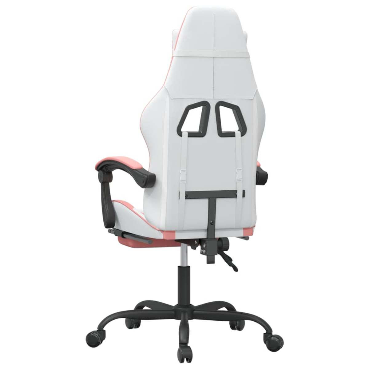 Ein weiß-rosa Gaming-Stuhl wird von hinten gezeigt. Er hat ein schwarzes Gestell mit Rollen und Armlehnen. Der Hintergrund ist weiß.