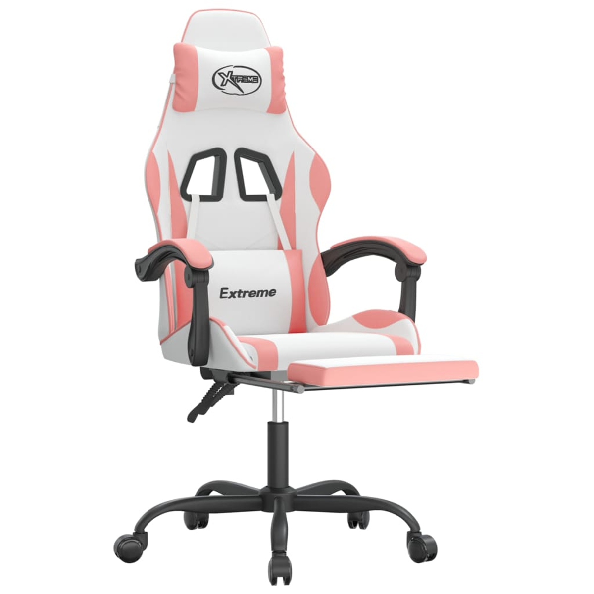 Ein weißer und rosa Gaming-Stuhl mit schwarzen Akzenten, mit Kopf- und Fußstütze, auf einem schwarzen Gestell mit Rollen.