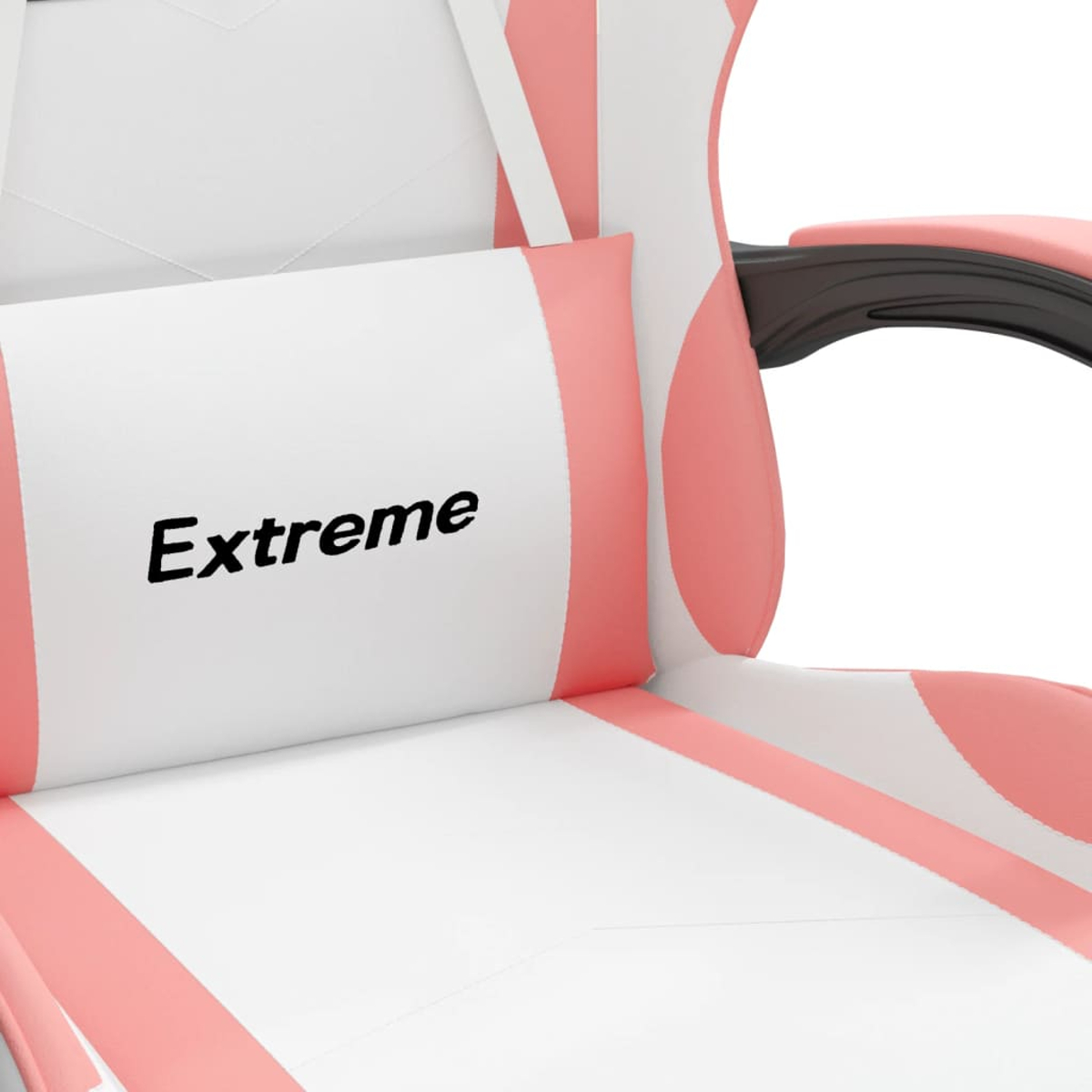 Gaming-Stuhl mit weißem und rosa Design. Ein Kissen hat das Wort "Extreme" darauf. Schwarze Armlehne ist sichtbar.