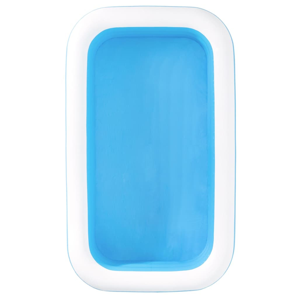 Een rechthoekig opblaasbaar zwembad. Het heeft een blauw interieur en een witte rand. De achtergrond is wit.