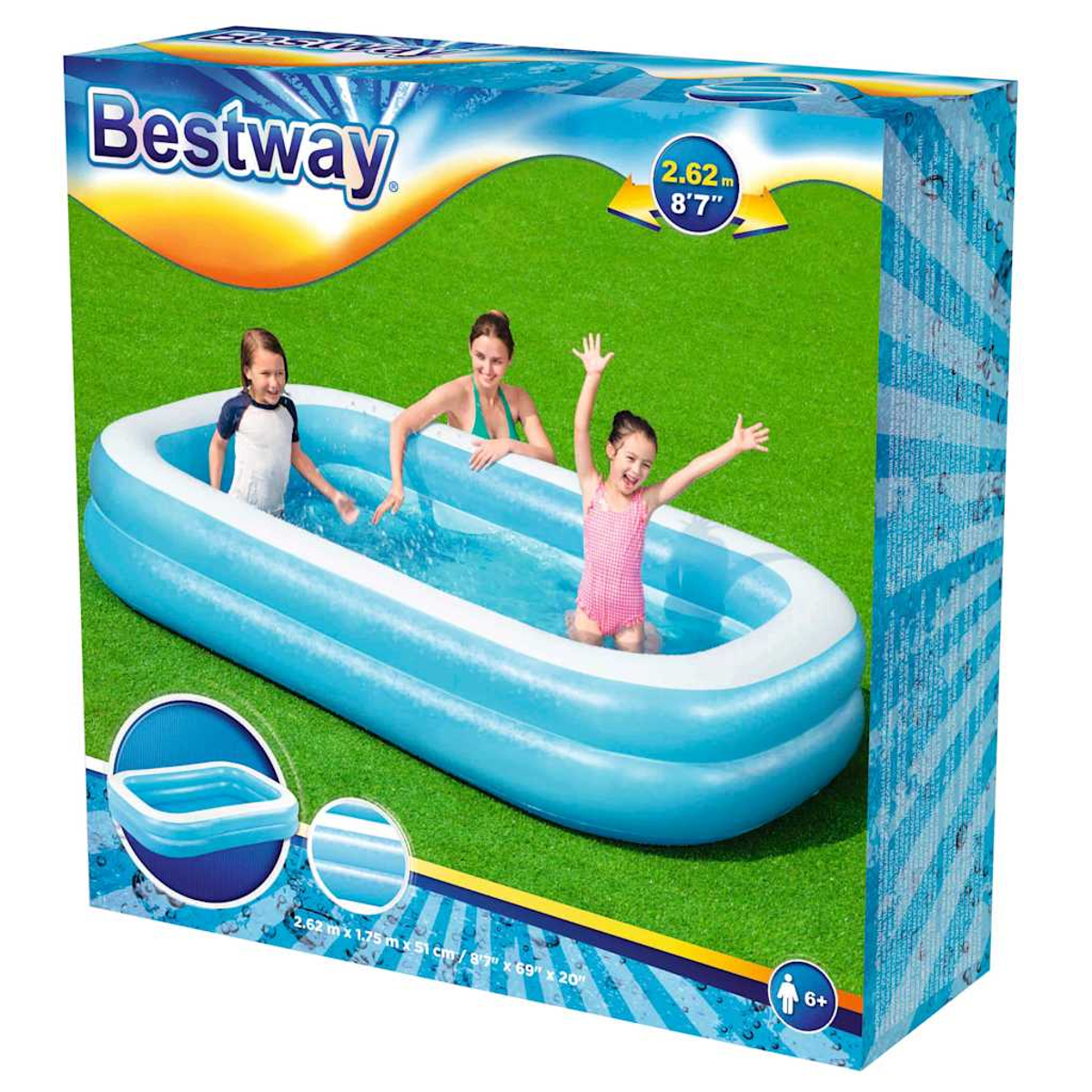 Doos toont een Bestway zwembad met drie mensen die spelen. Het zwembad is blauw, op gras. Een kind is in het zwembad met armen omhoog.